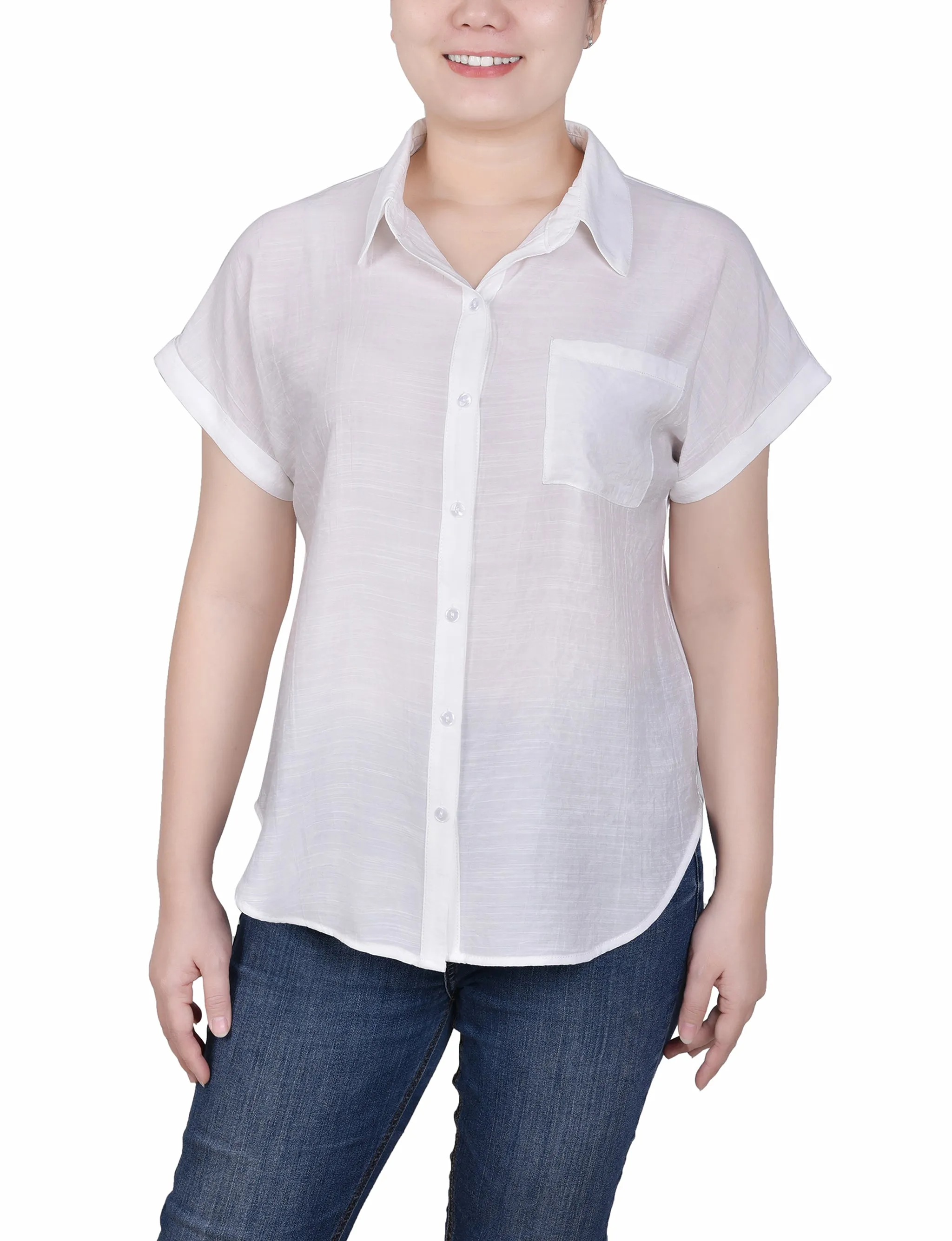 Blouse Petite à Manches Courtes en Tissu Tissé Devant/Jersey Derrière