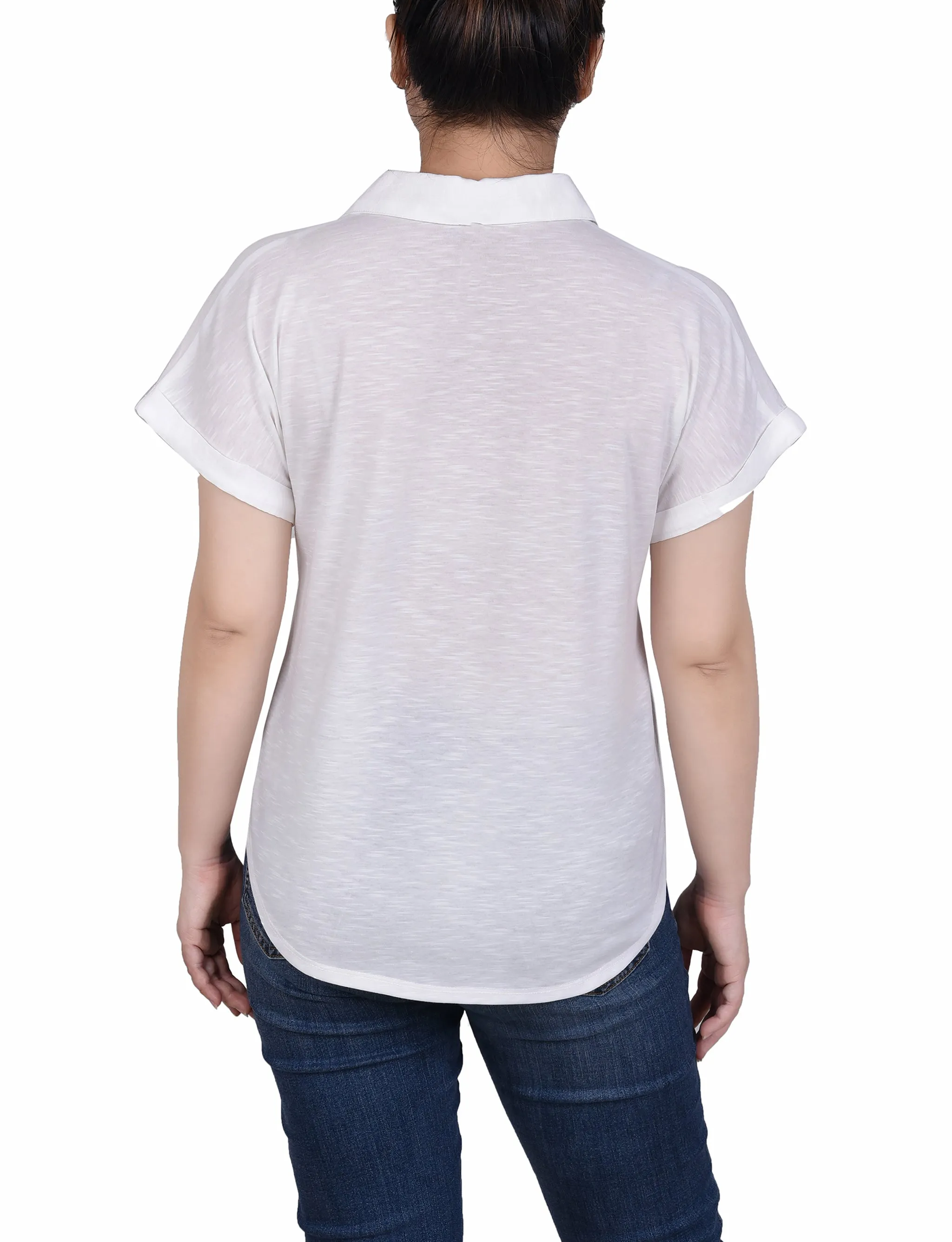 Blouse Petite à Manches Courtes en Tissu Tissé Devant/Jersey Derrière