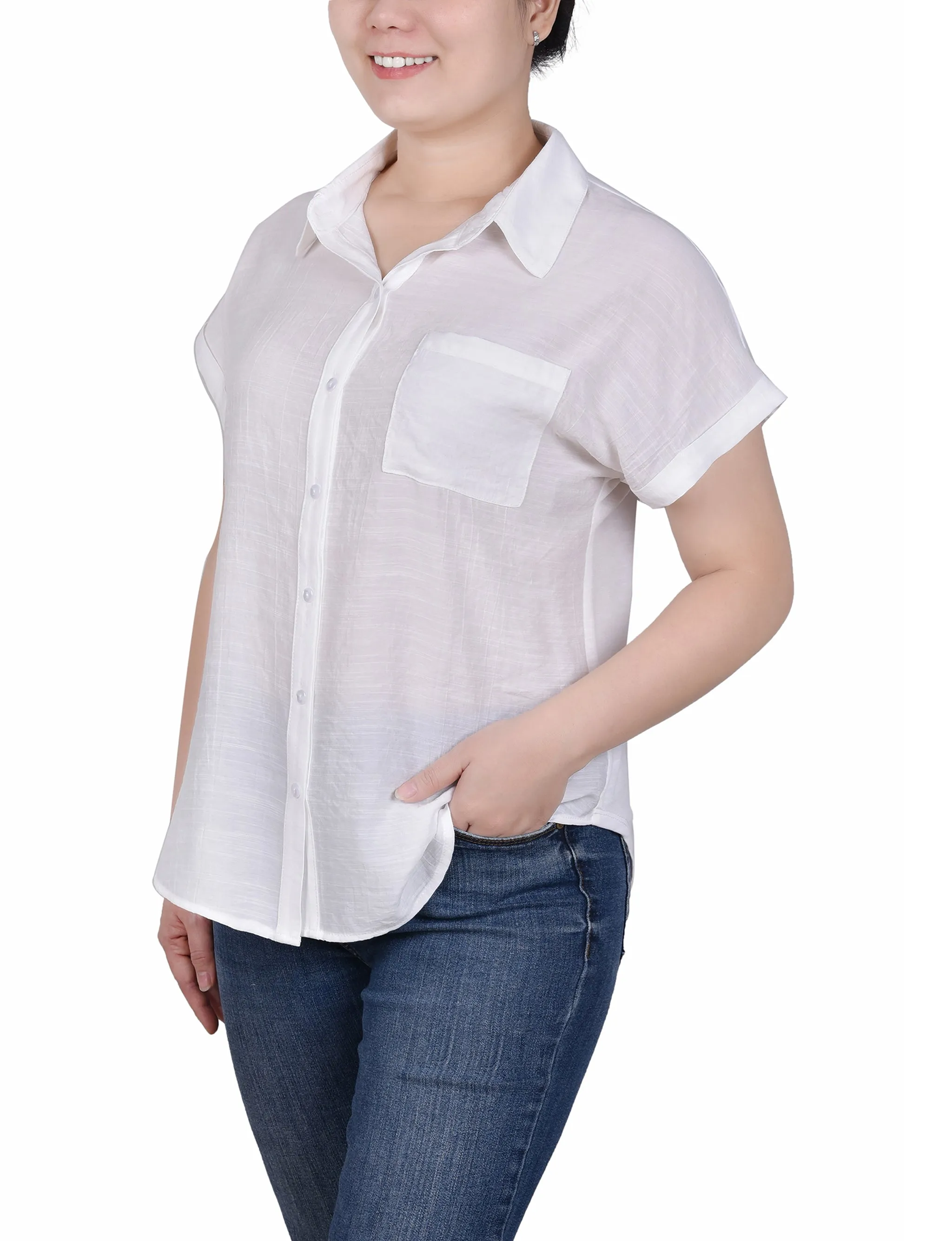 Blouse Petite à Manches Courtes en Tissu Tissé Devant/Jersey Derrière