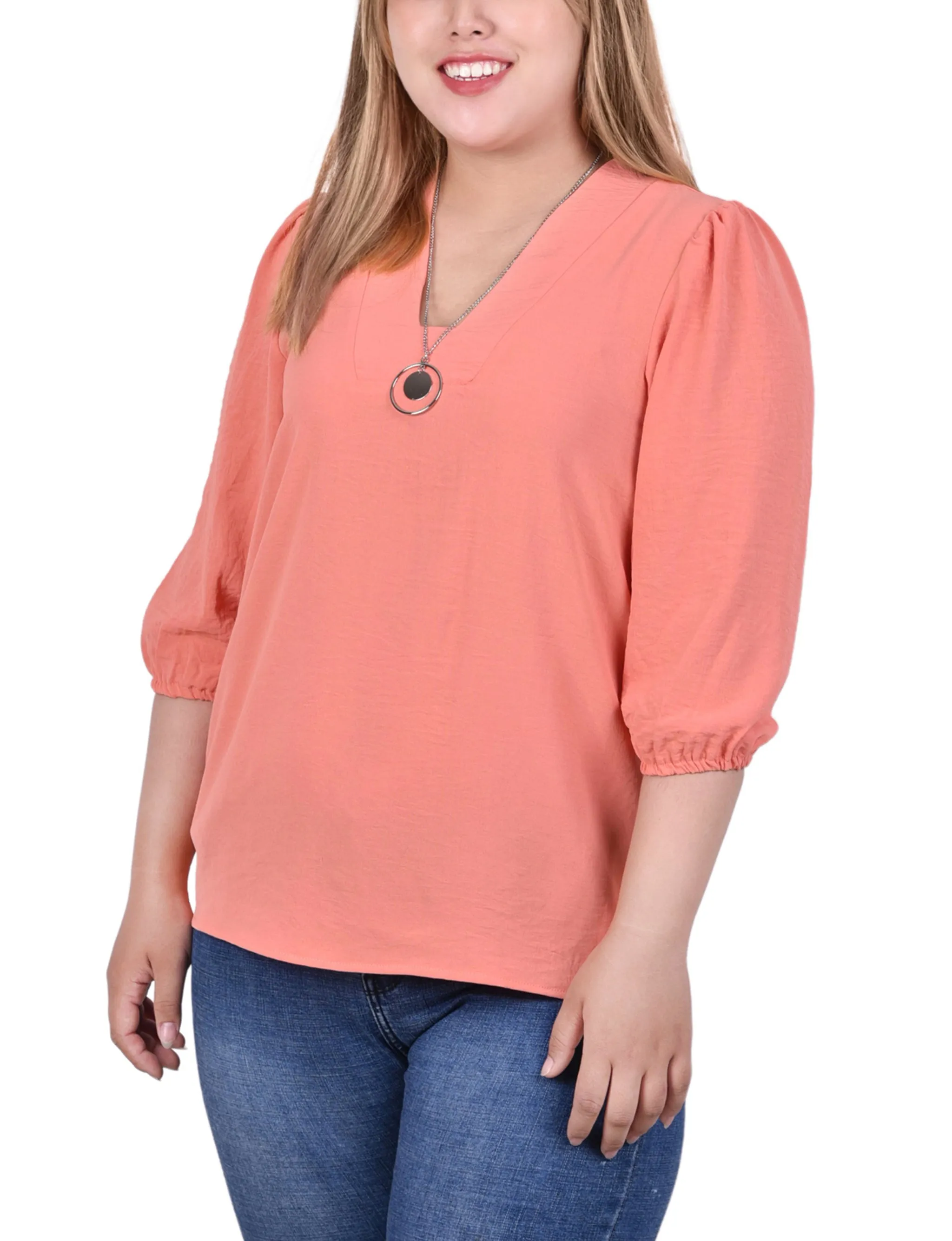 Blouse Femme Grande Taille Manches Ballon 3/4 Avec Collier Amovible