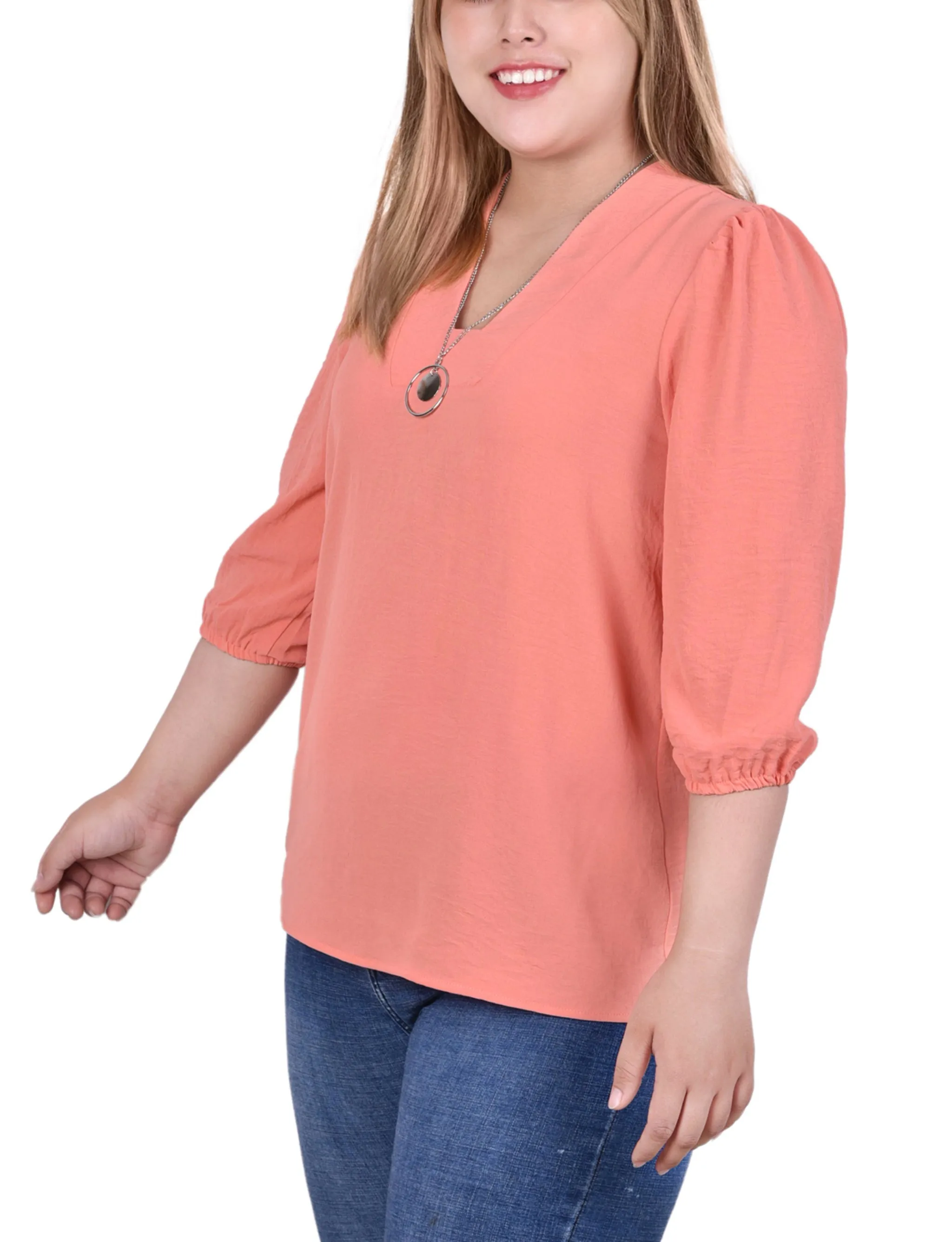 Blouse Femme Grande Taille Manches Ballon 3/4 Avec Collier Amovible