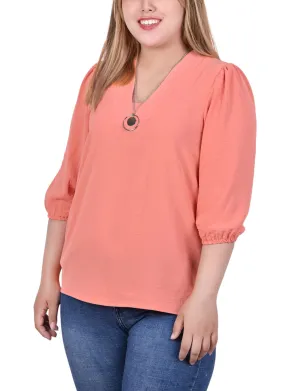 Plus Size 3/4 Puff Sleeve Blouse With Detachable Necklace