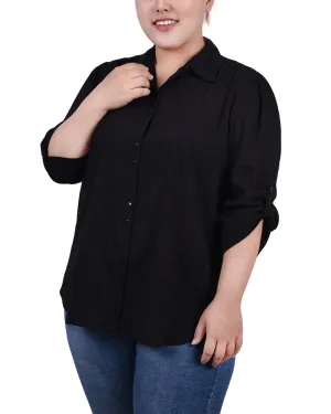 Plus Size 3/4 Roll Tab Sleeve Cotton Blouse
