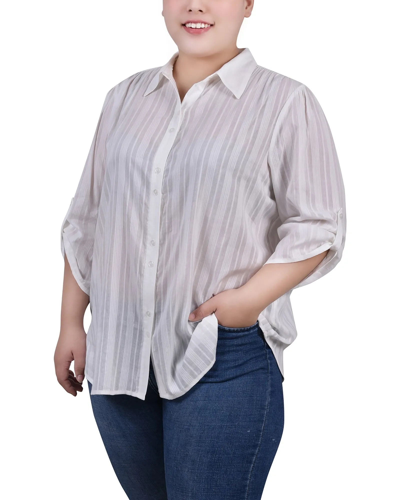 Blouse en coton à manches 3/4 taille plus avec ourlet roulé