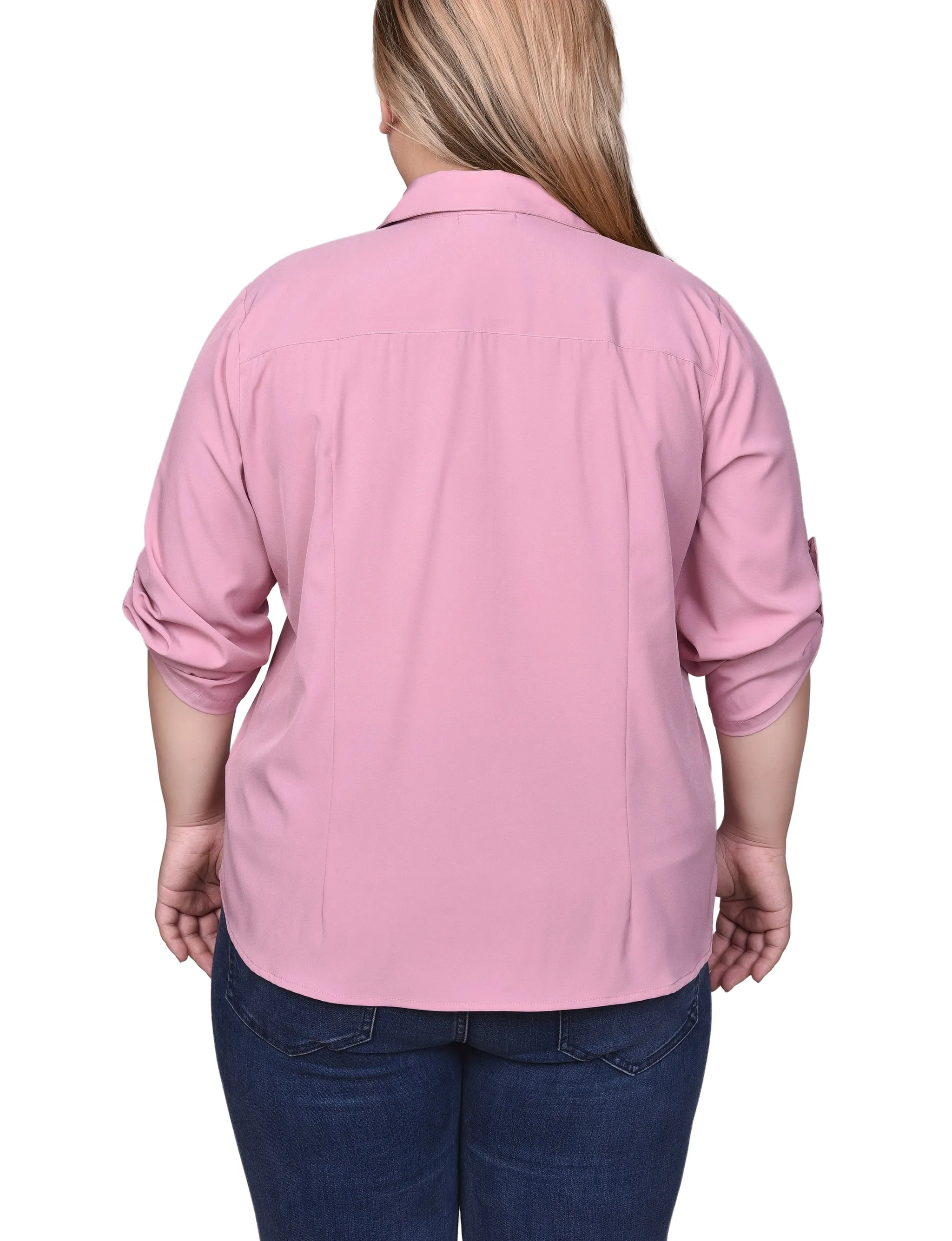 Blouse à zip devant avec manches 3/4 à ourlet roulé pour grandes tailles