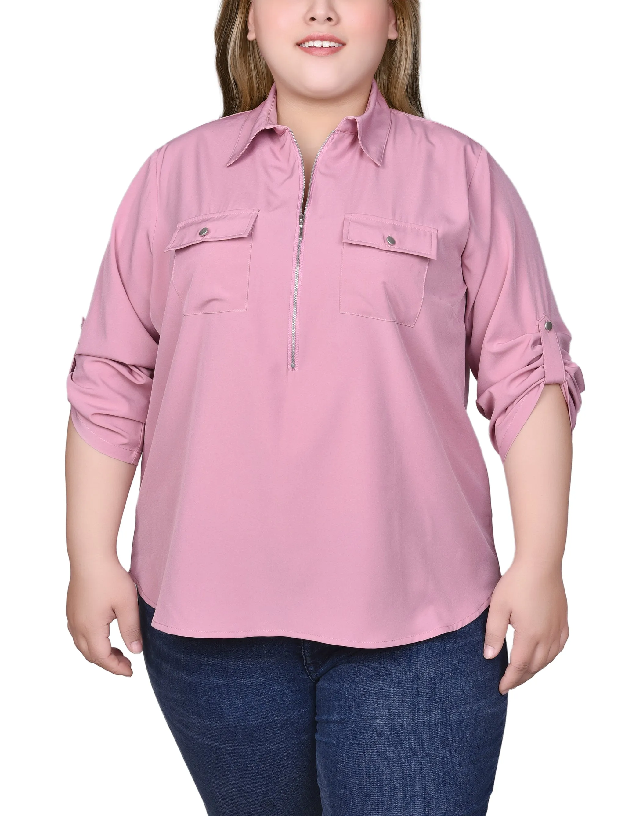 Blouse à zip devant avec manches 3/4 à ourlet roulé pour grandes tailles