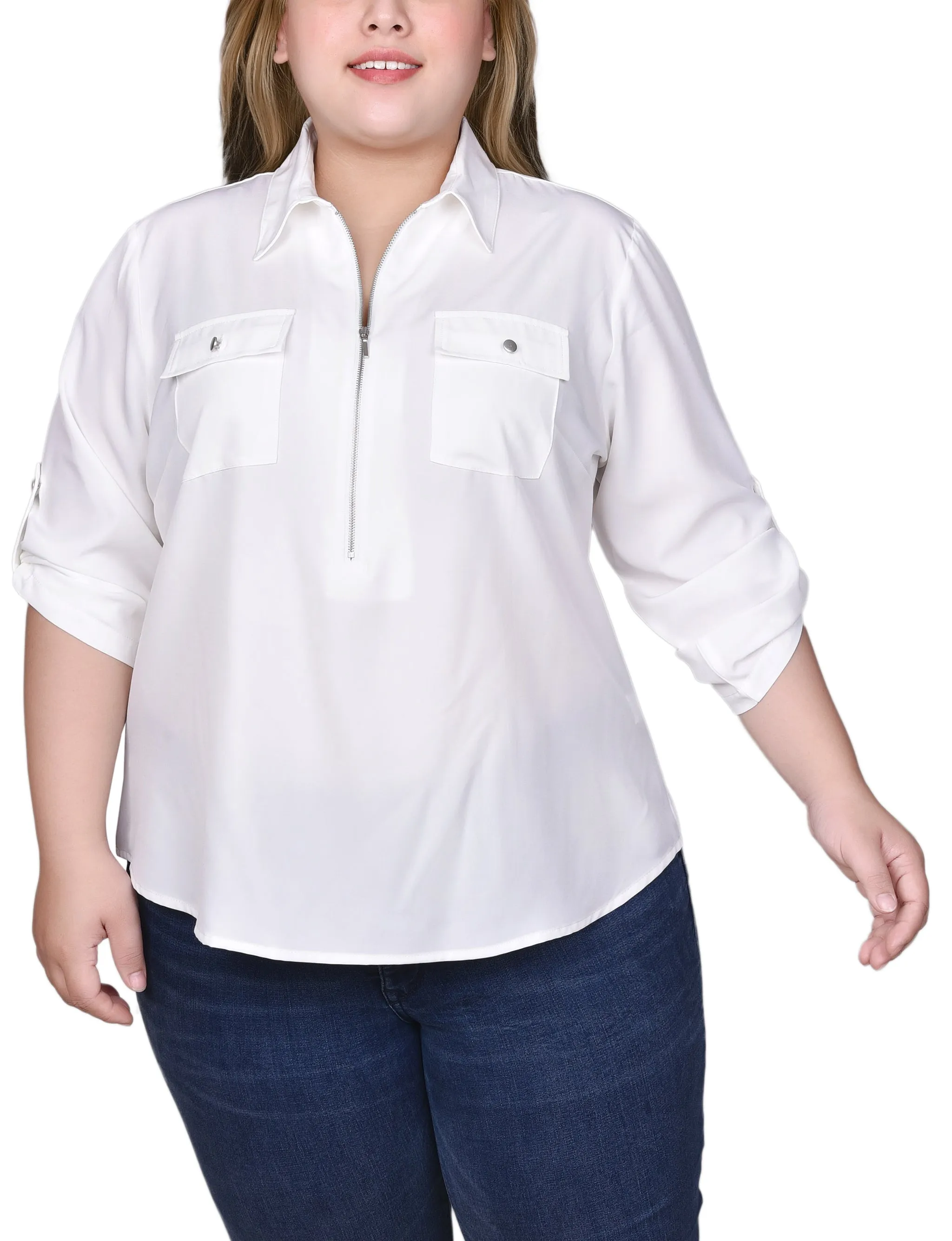 Blouse à zip devant avec manches 3/4 à ourlet roulé pour grandes tailles