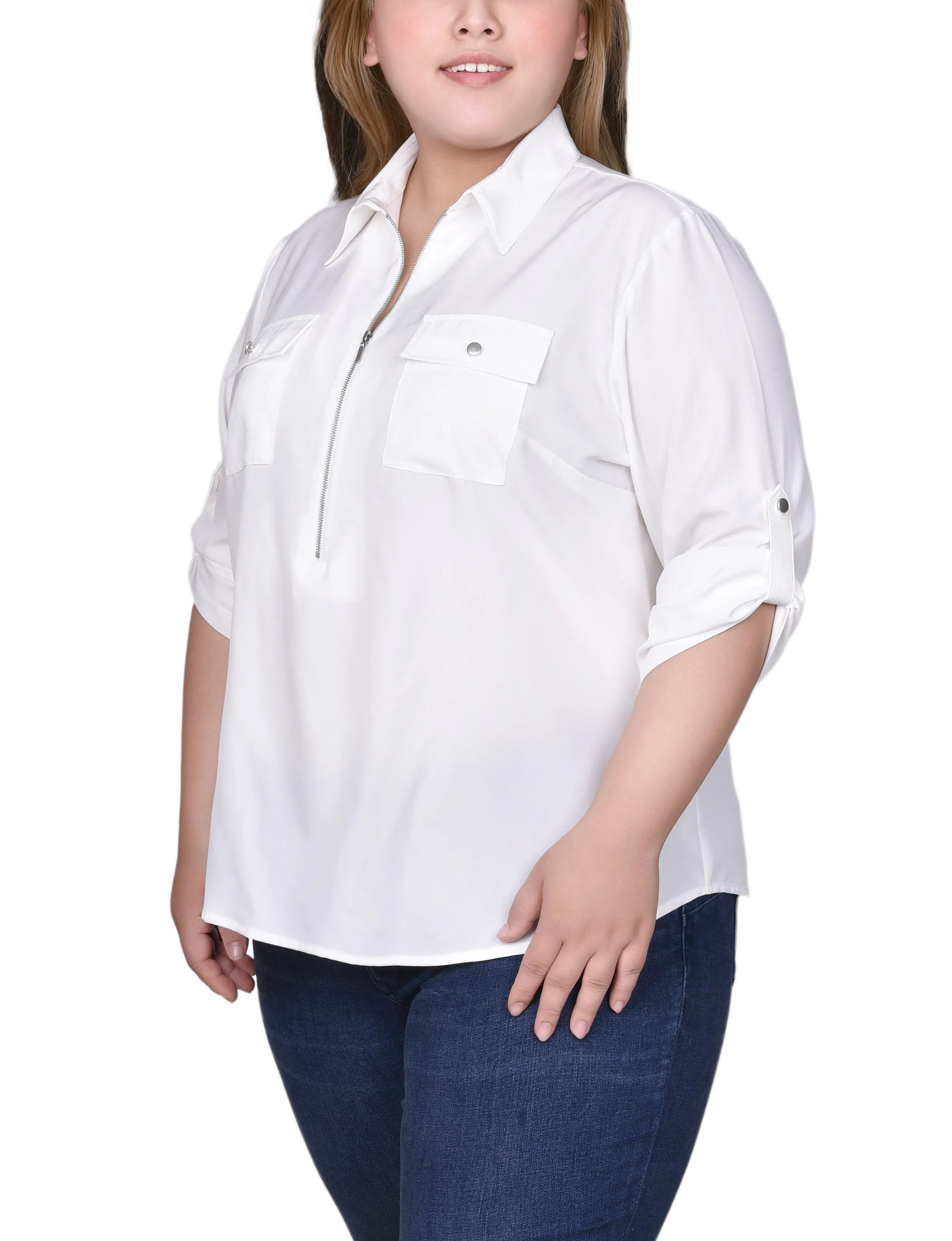 Blouse à zip devant avec manches 3/4 à ourlet roulé pour grandes tailles