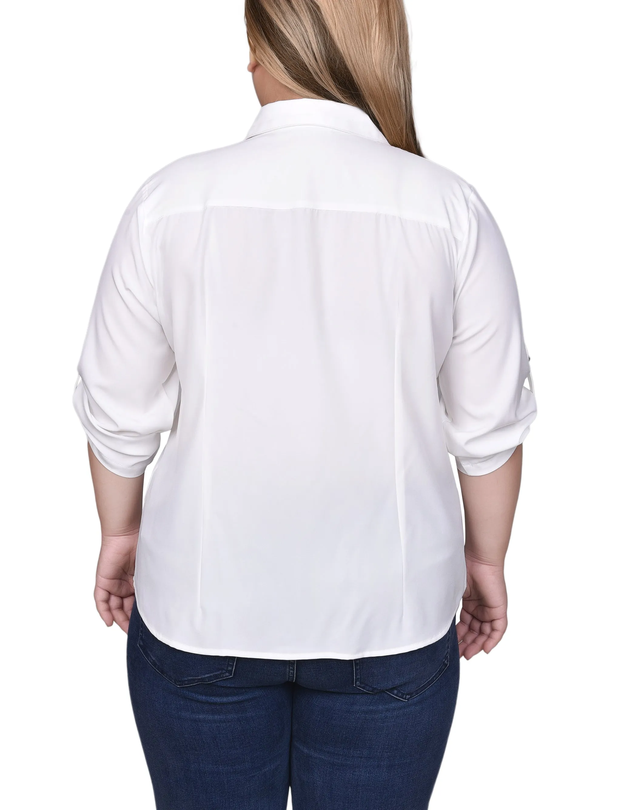 Blouse à zip devant avec manches 3/4 à ourlet roulé pour grandes tailles