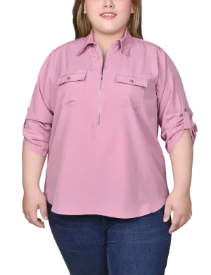 Plus Size 3/4 Roll Tab Sleeve Zip Front Blouse