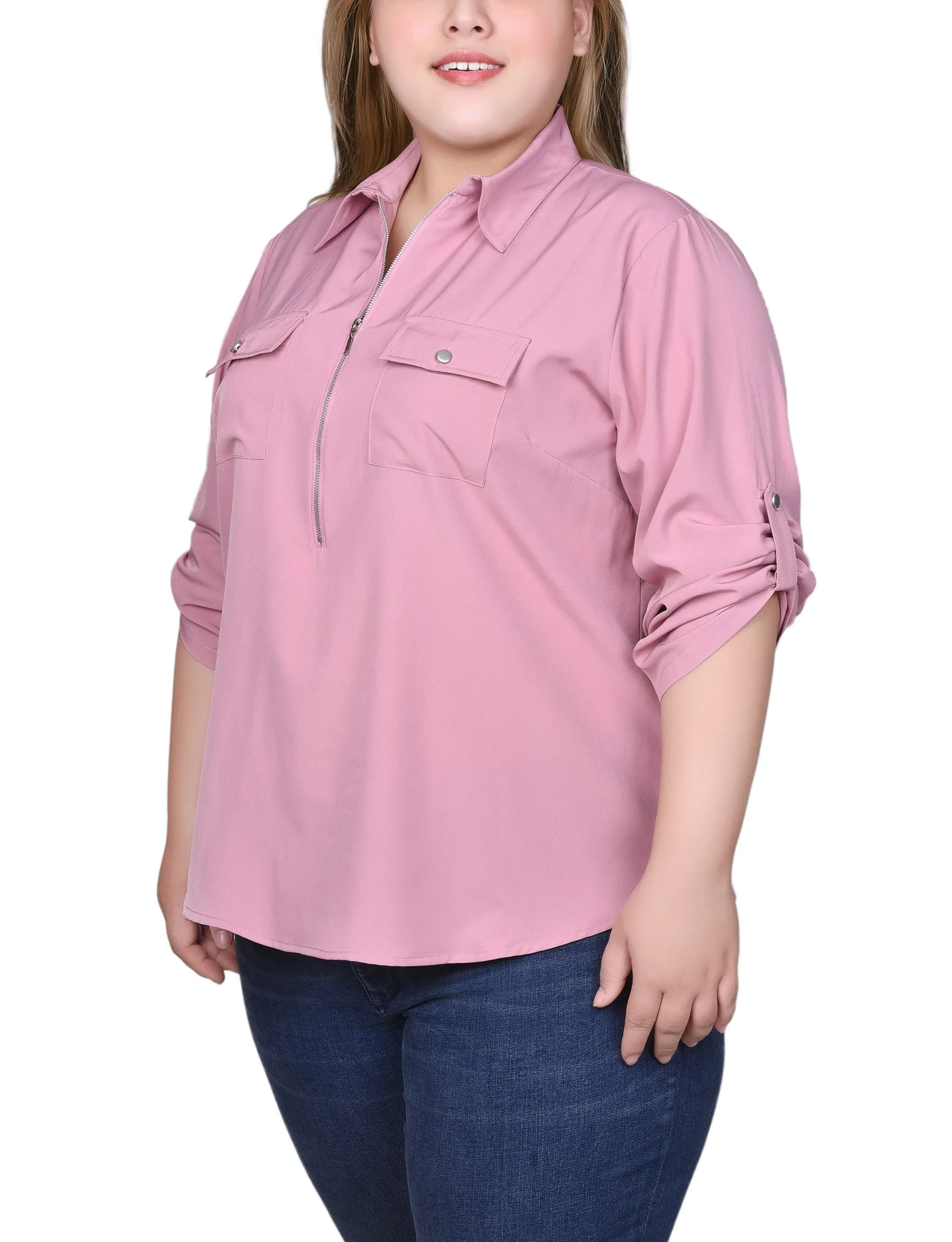 Blouse à zip devant avec manches 3/4 à ourlet roulé pour grandes tailles