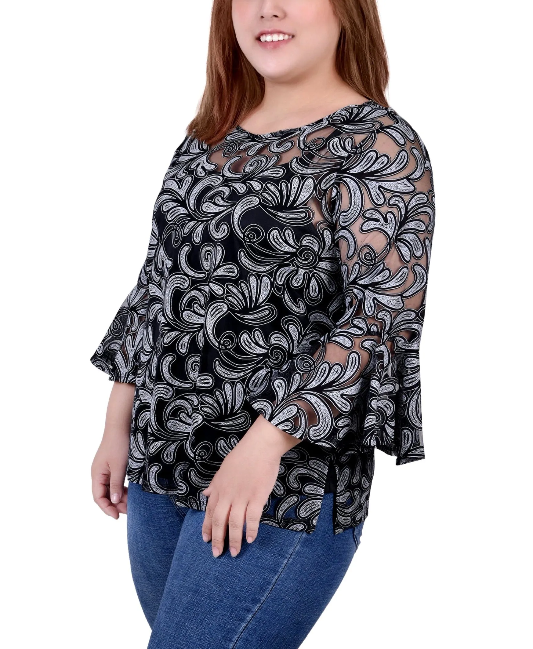 Blouse 3/4 manches transparentes grande taille avec débardeur assorti