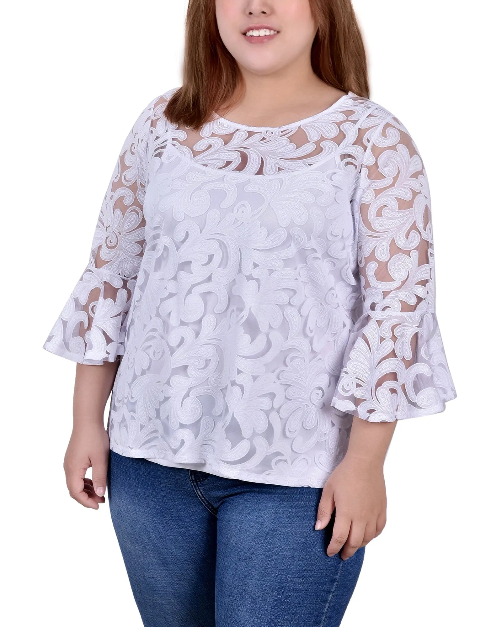Blouse 3/4 manches transparentes grande taille avec débardeur assorti