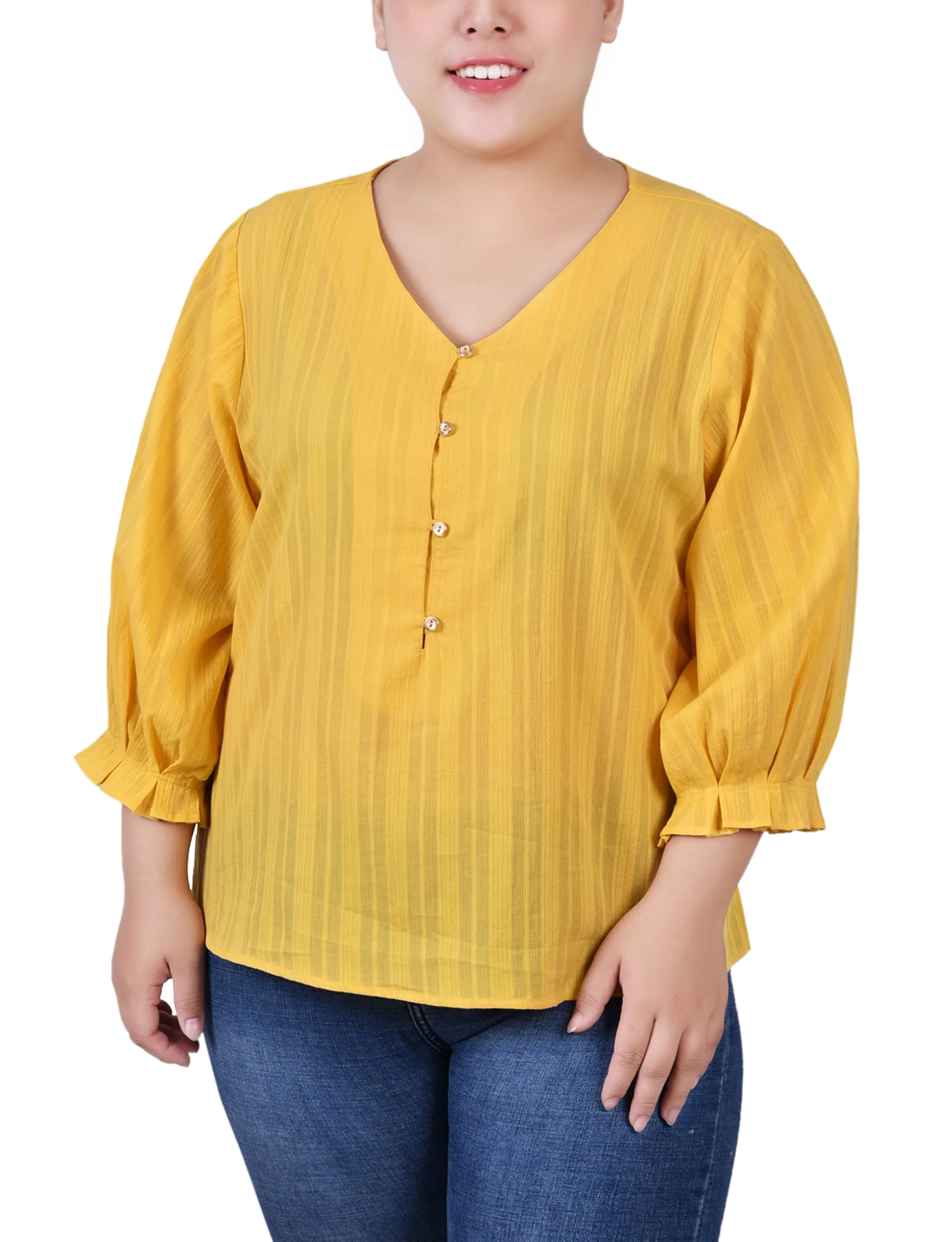 Blouse en jacquard à boutonnage taille plus avec manches 3/4