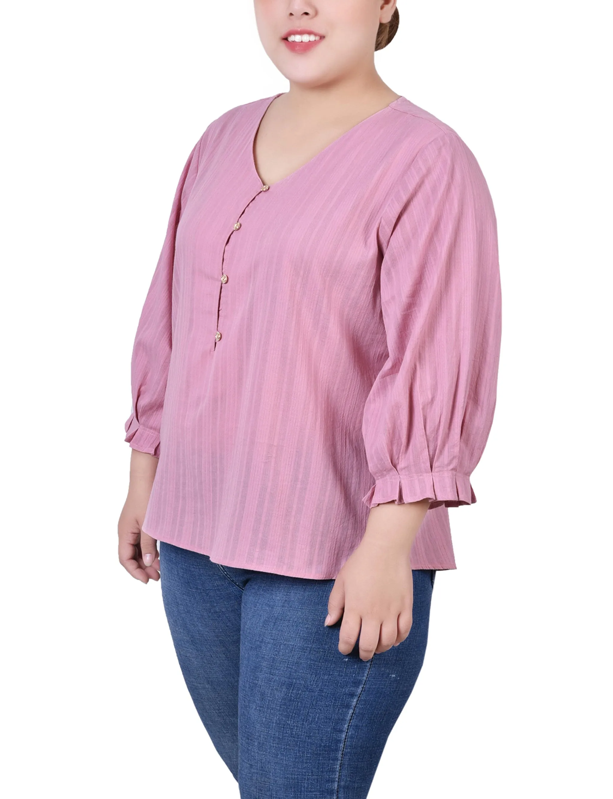Blouse en jacquard à boutonnage taille plus avec manches 3/4