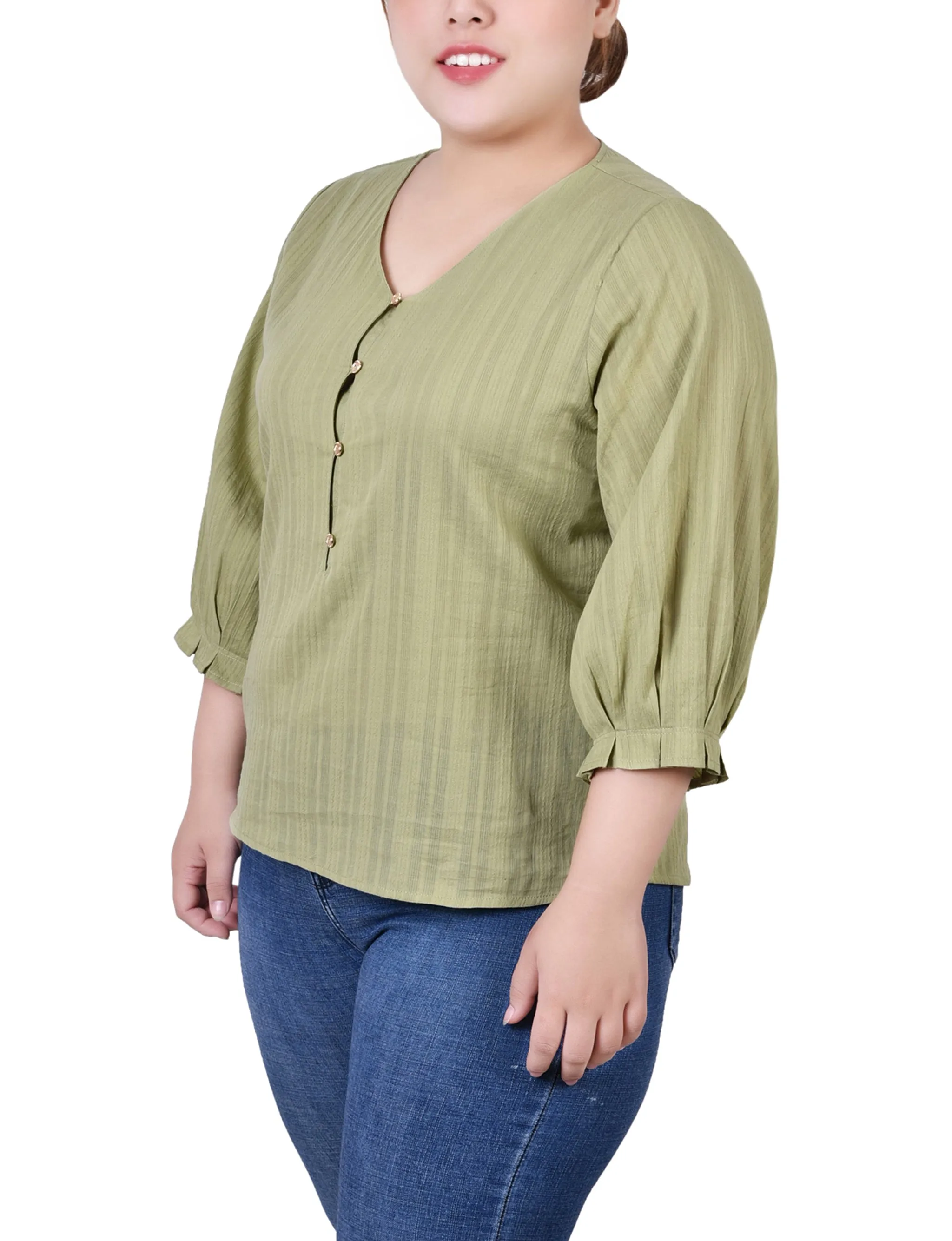 Blouse en jacquard à boutonnage taille plus avec manches 3/4