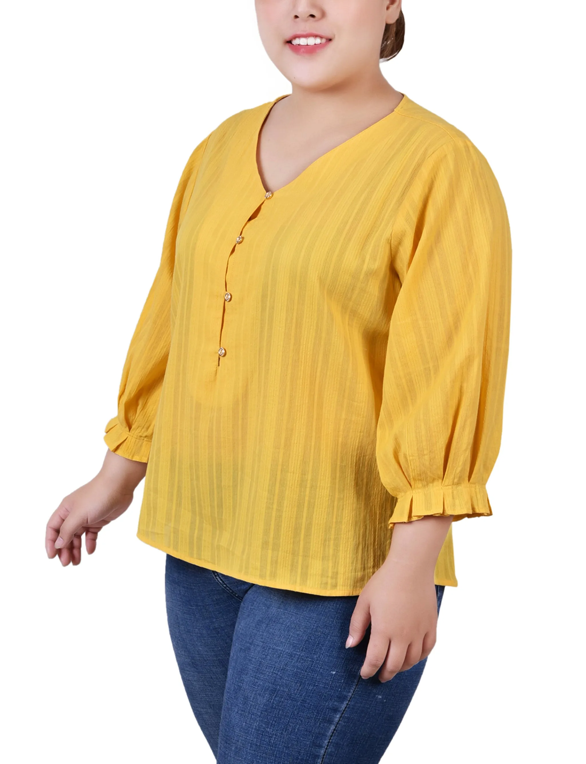Blouse en jacquard à boutonnage taille plus avec manches 3/4