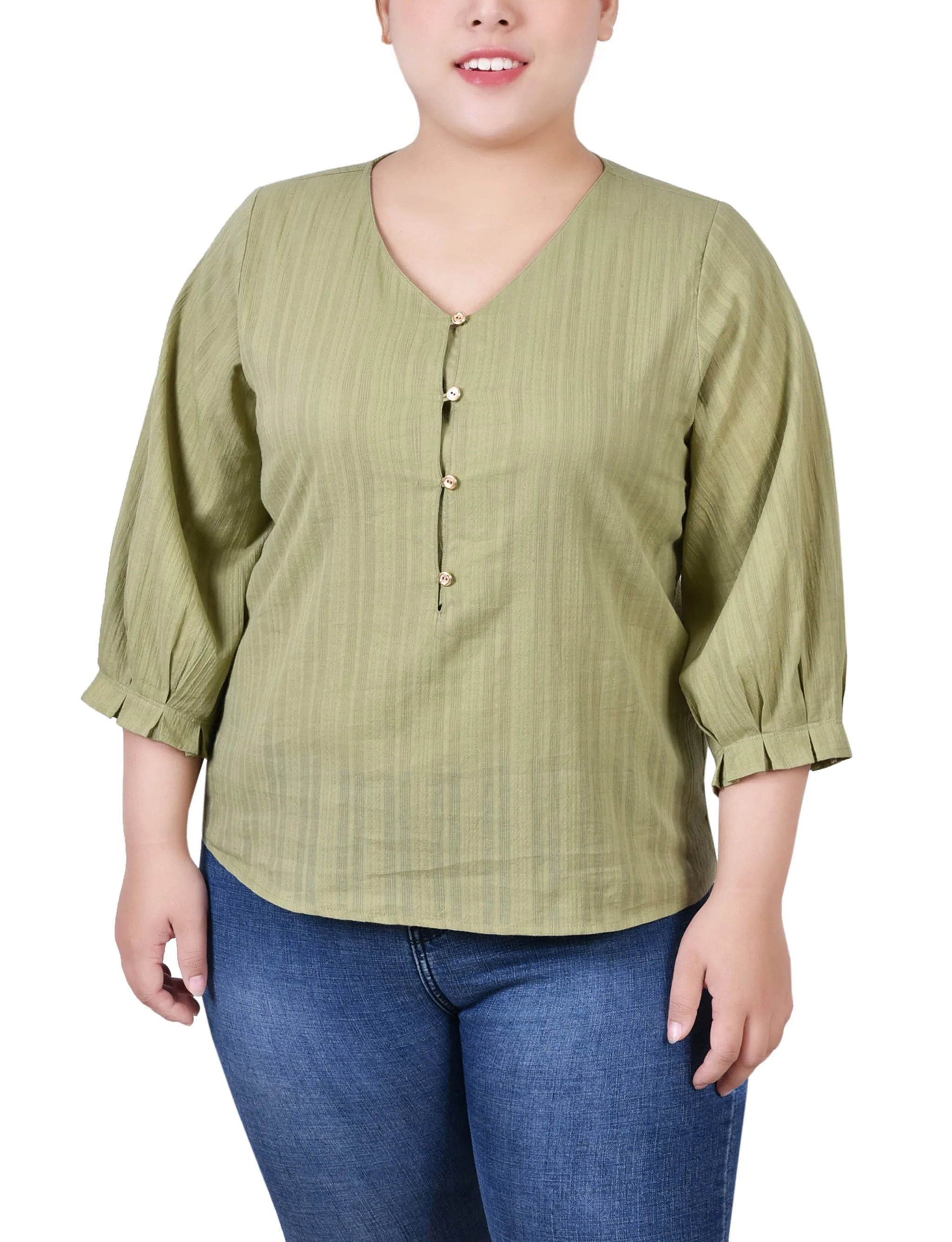 Blouse en jacquard à boutonnage taille plus avec manches 3/4