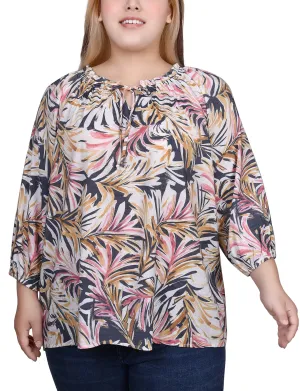 Plus Size 3/4 Sleeve Drawstring Neck Blouse