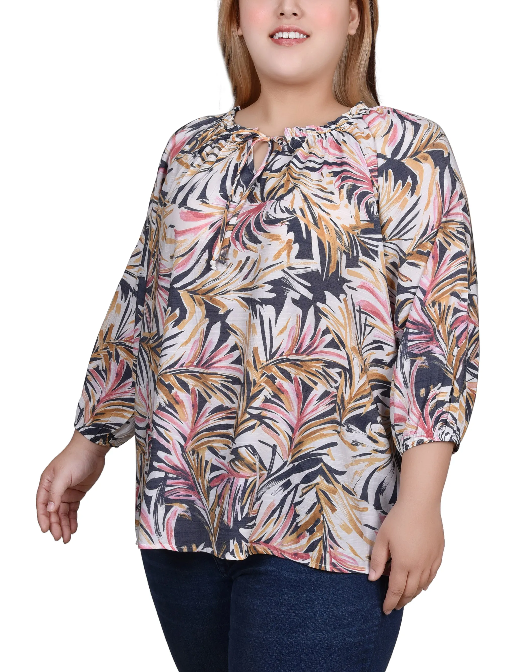 Blouse taille plus à encolure coulissante avec manches 3/4