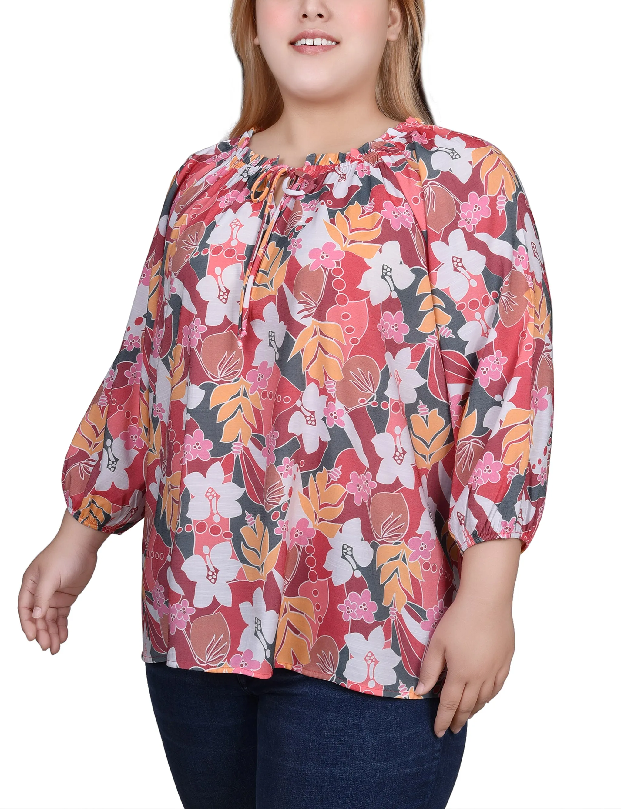 Blouse taille plus à encolure coulissante avec manches 3/4