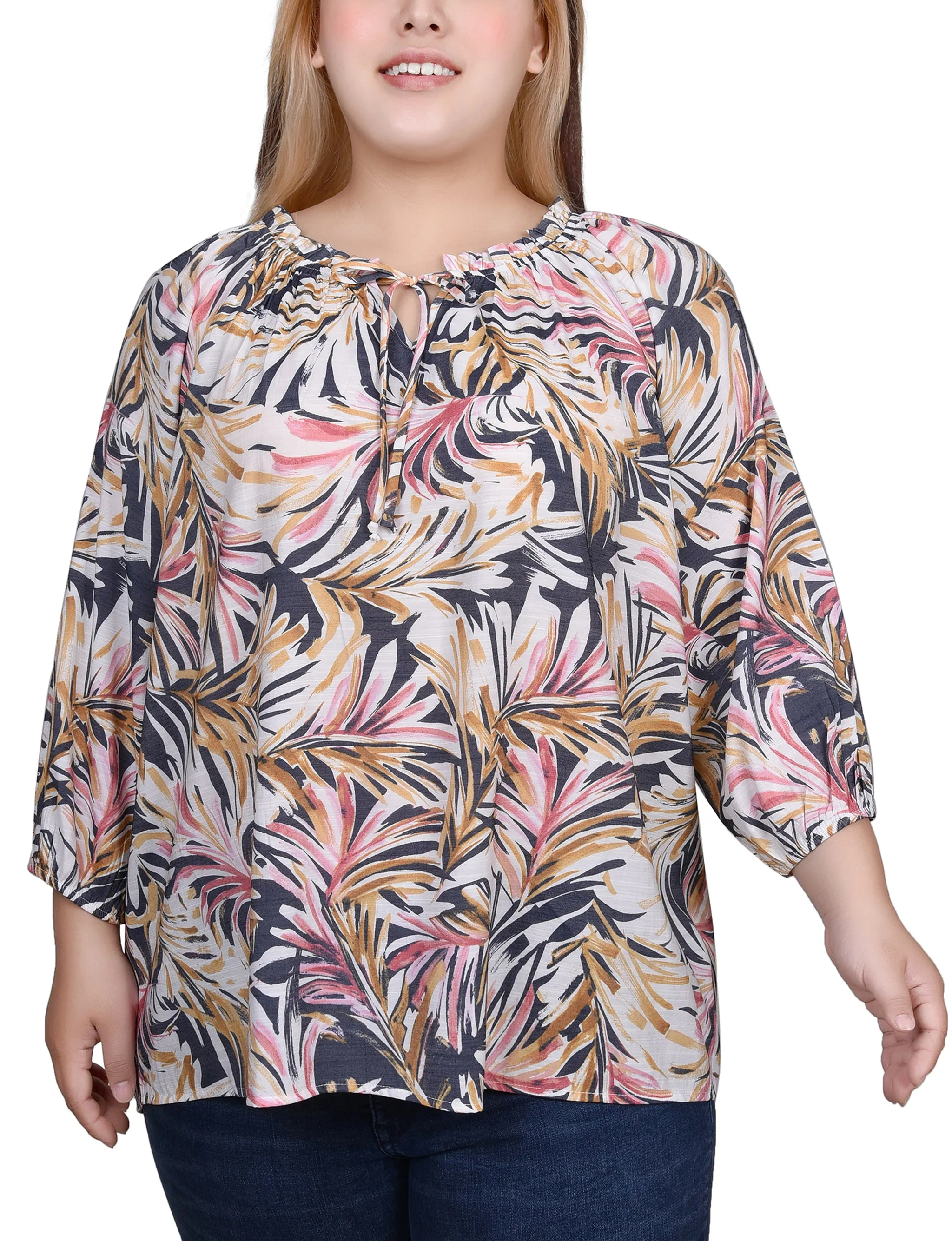 Blouse taille plus à encolure coulissante avec manches 3/4
