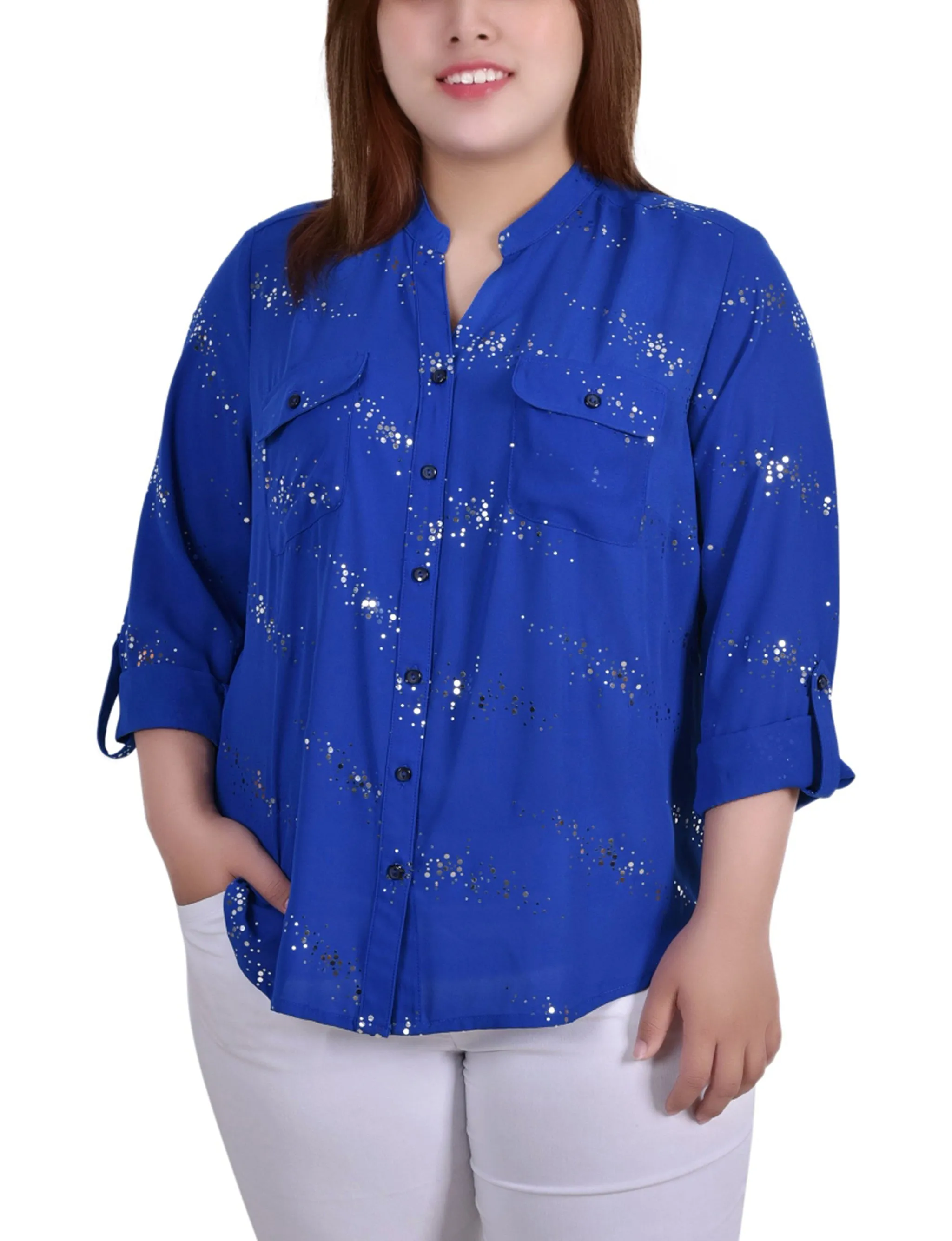 Blouse taille plus à manches 3/4 avec ourlet roulé et détails métalliques