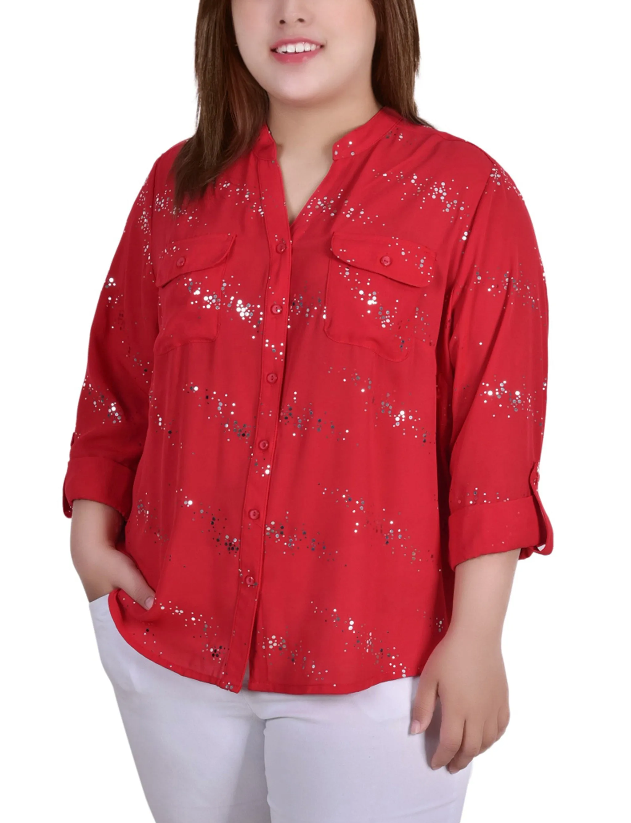 Blouse taille plus à manches 3/4 avec ourlet roulé et détails métalliques