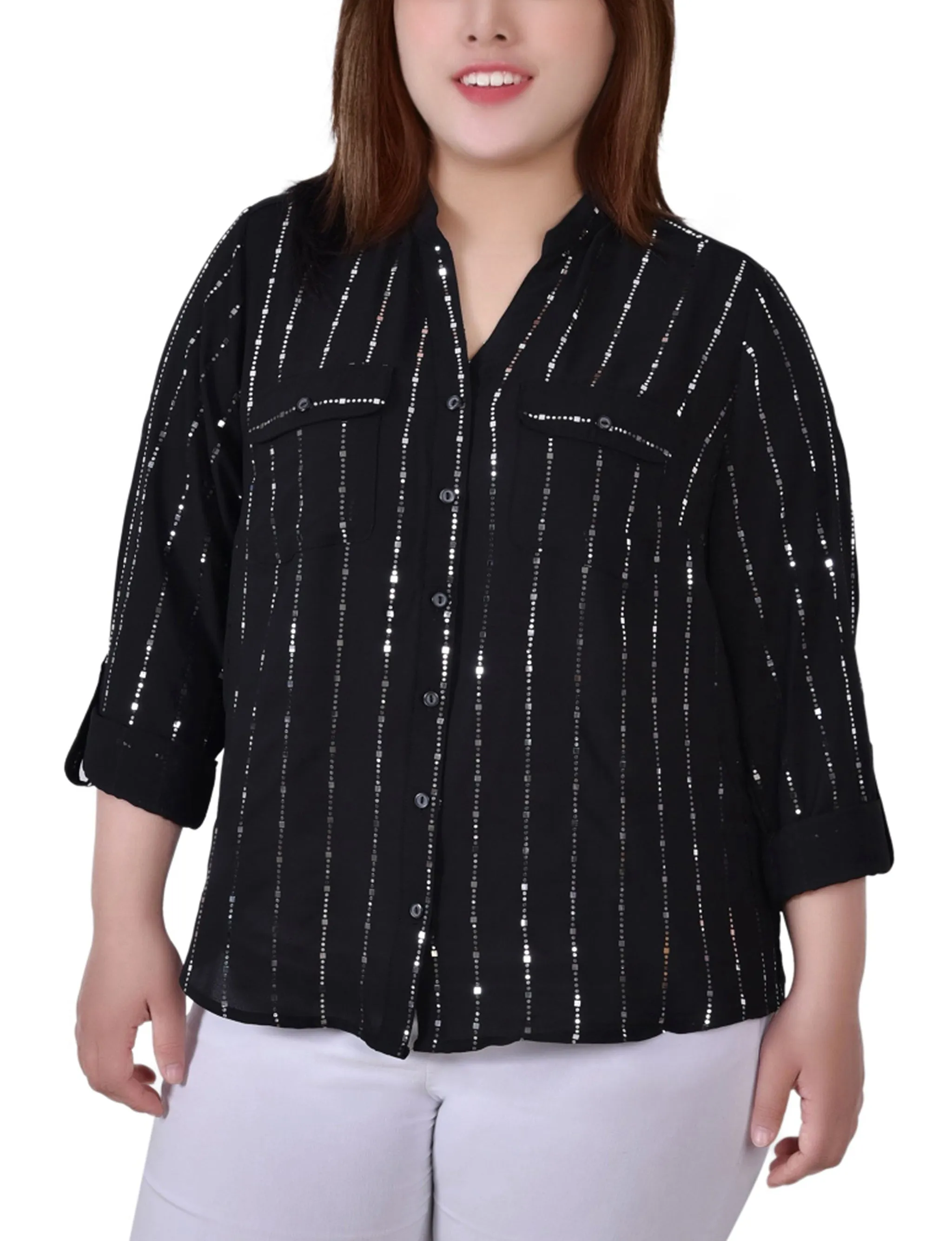 Blouse taille plus à manches 3/4 avec ourlet roulé et détails métalliques