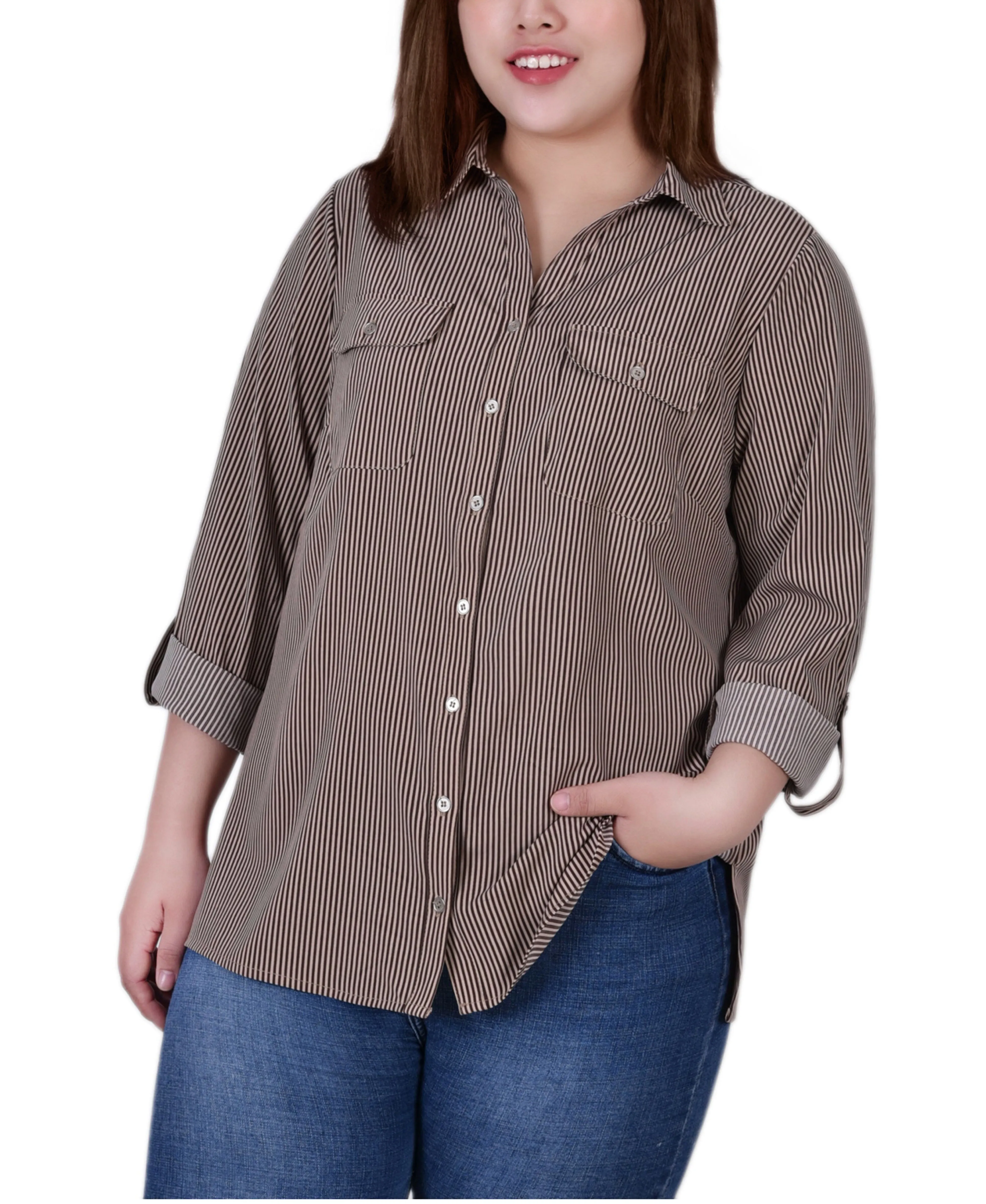 Blouse grande taille à col cassé avec manches 3/4 et ourlet roulé