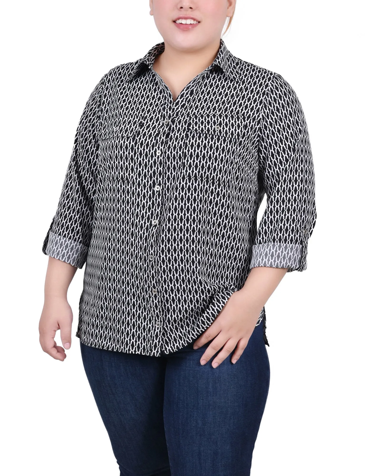 Blouse grande taille à col cassé avec manches 3/4 et ourlet roulé