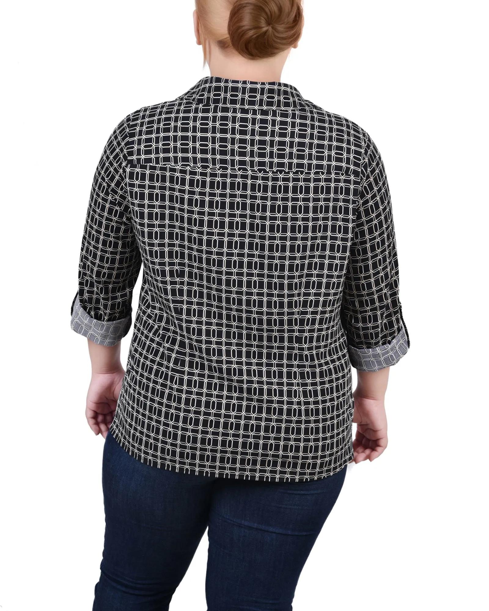Blouse grande taille à col cassé avec manches 3/4 et ourlet roulé