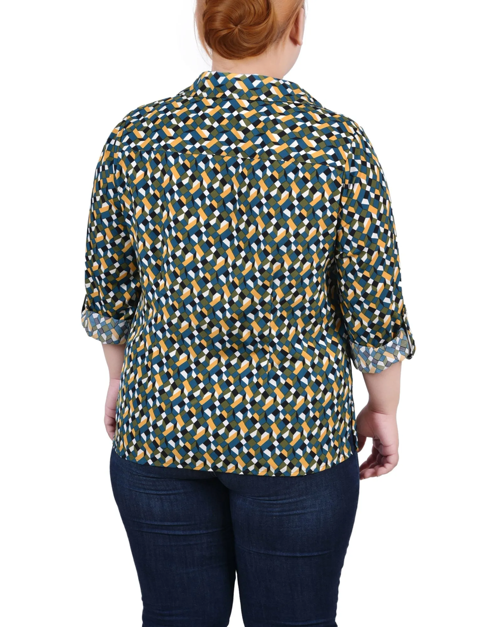 Blouse grande taille à col cassé avec manches 3/4 et ourlet roulé