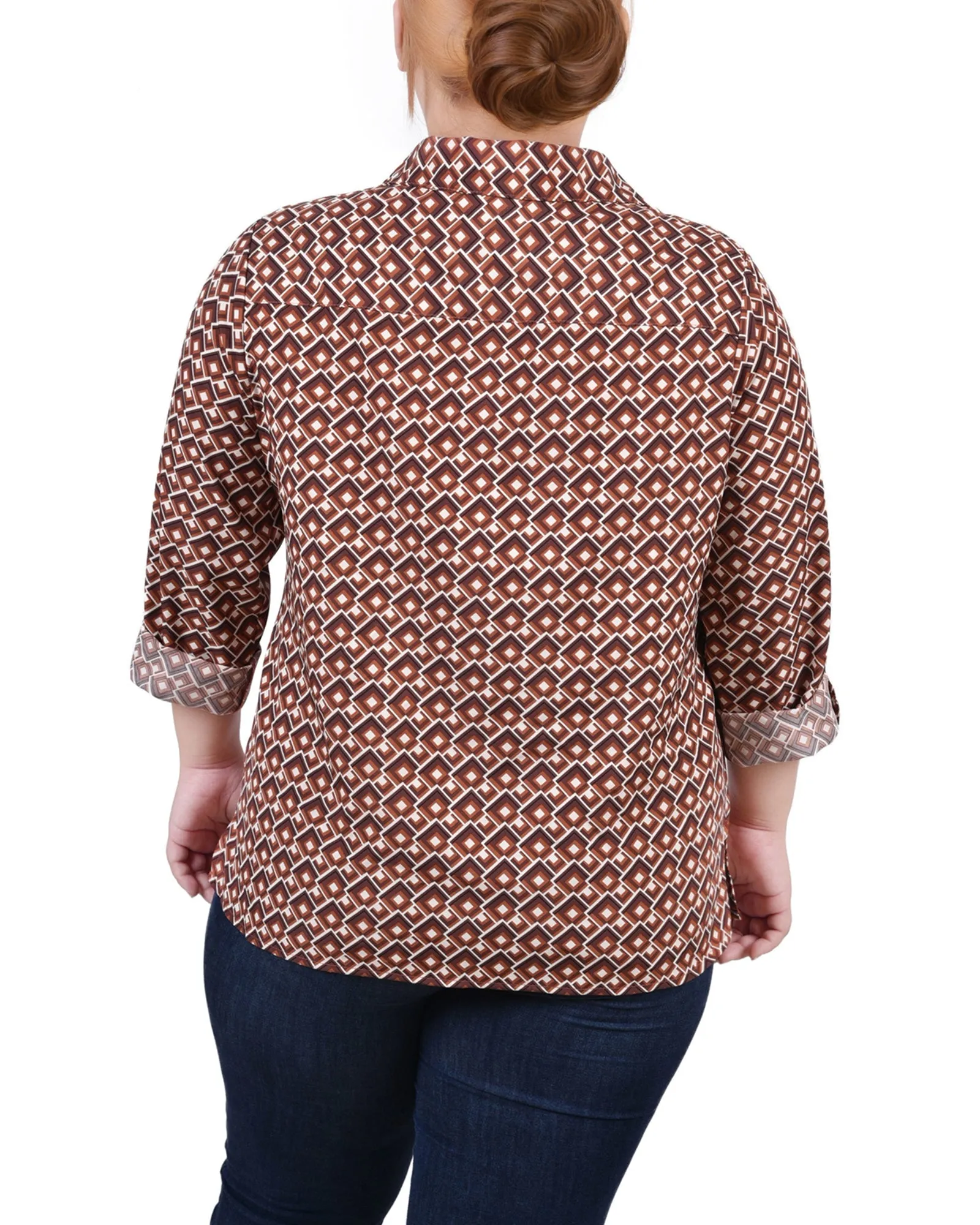 Blouse grande taille à col cassé avec manches 3/4 et ourlet roulé