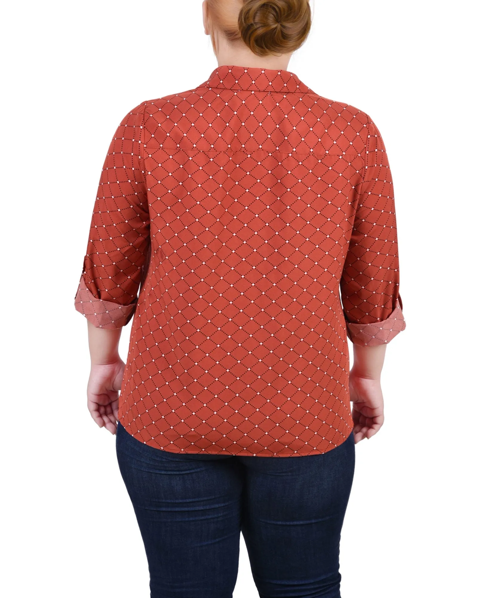 Blouse grande taille à col cassé avec manches 3/4 et ourlet roulé