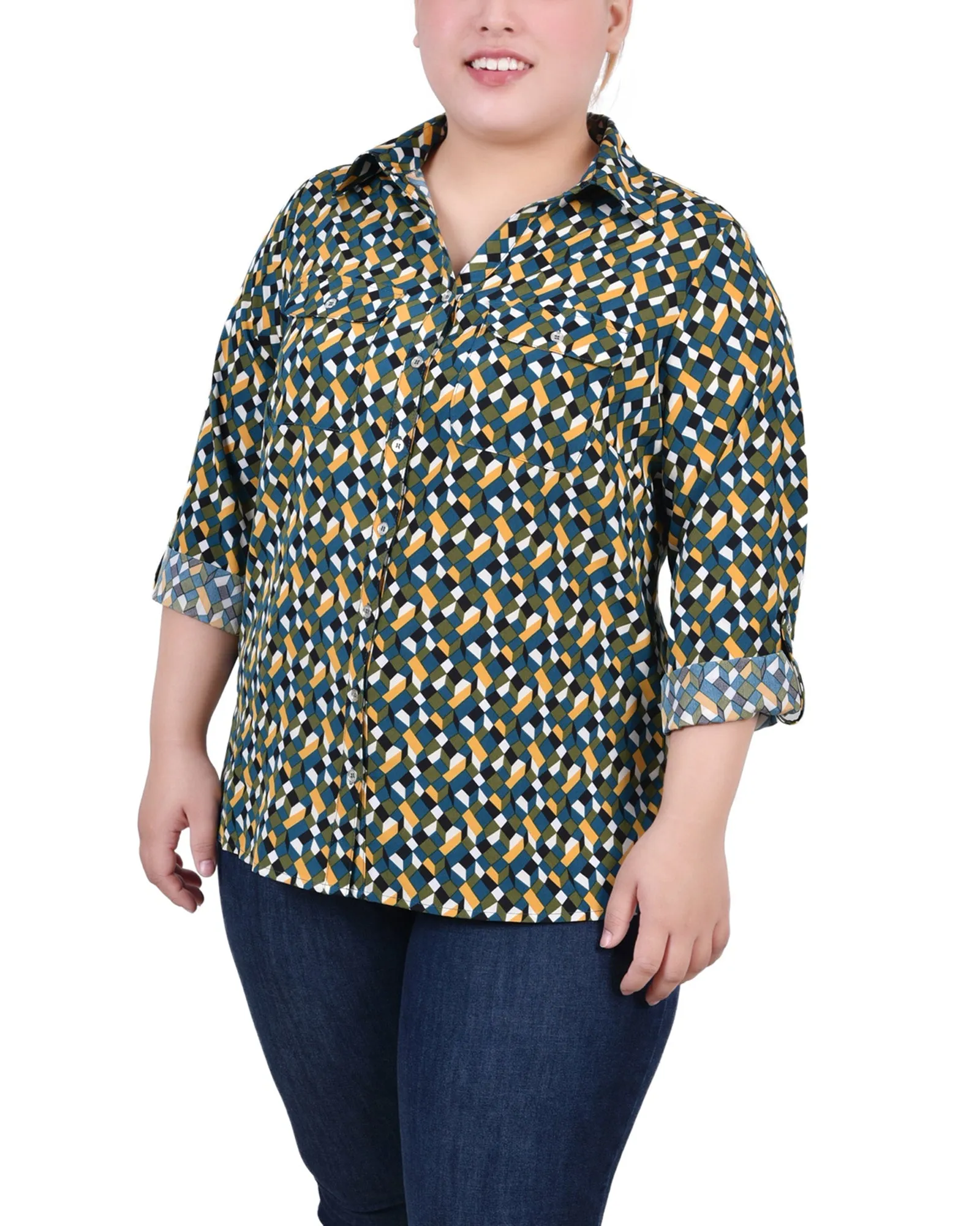 Blouse grande taille à col cassé avec manches 3/4 et ourlet roulé