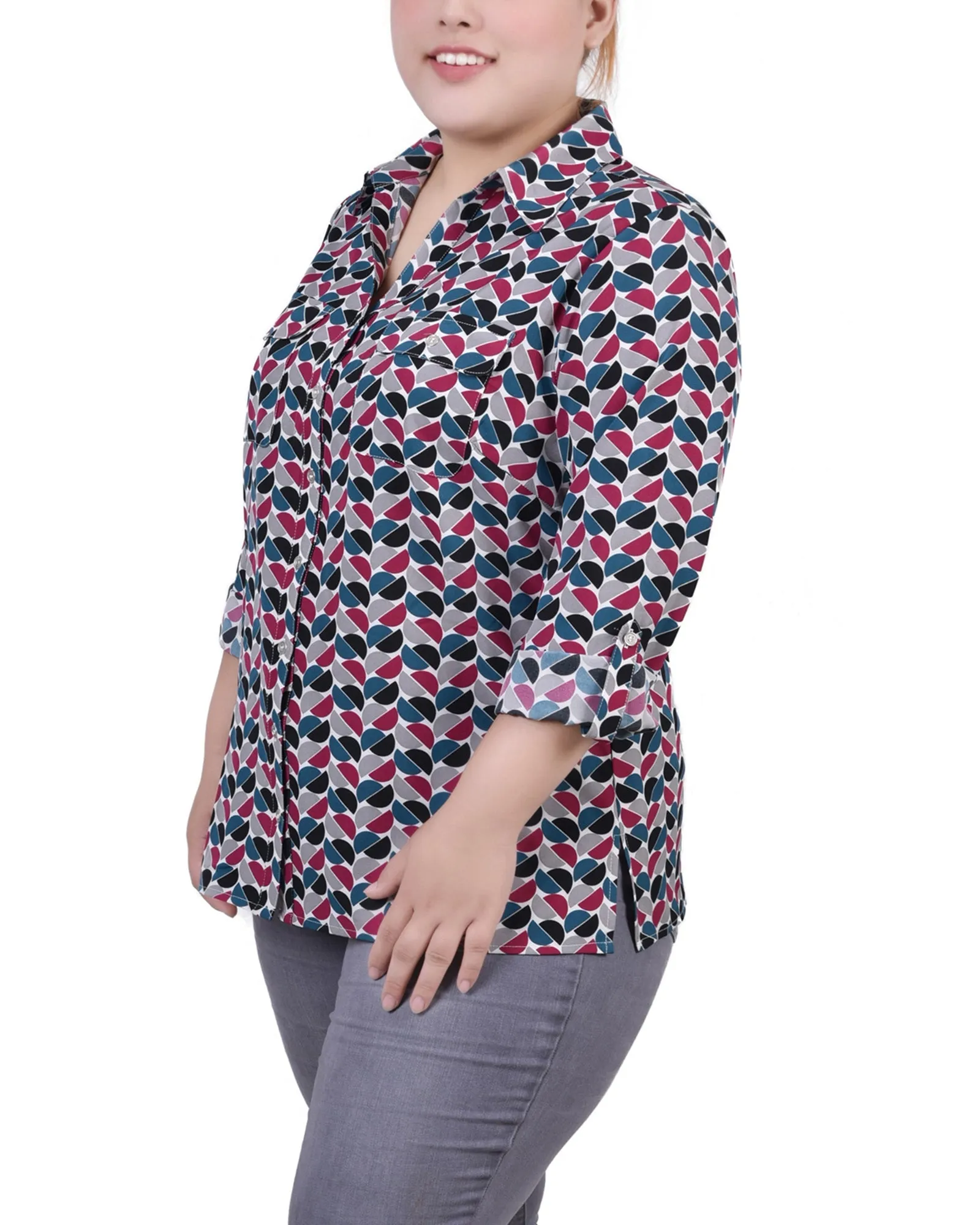 Blouse grande taille à col cassé avec manches 3/4 et ourlet roulé