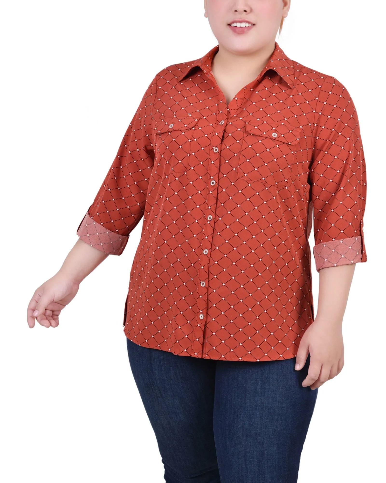 Blouse grande taille à col cassé avec manches 3/4 et ourlet roulé
