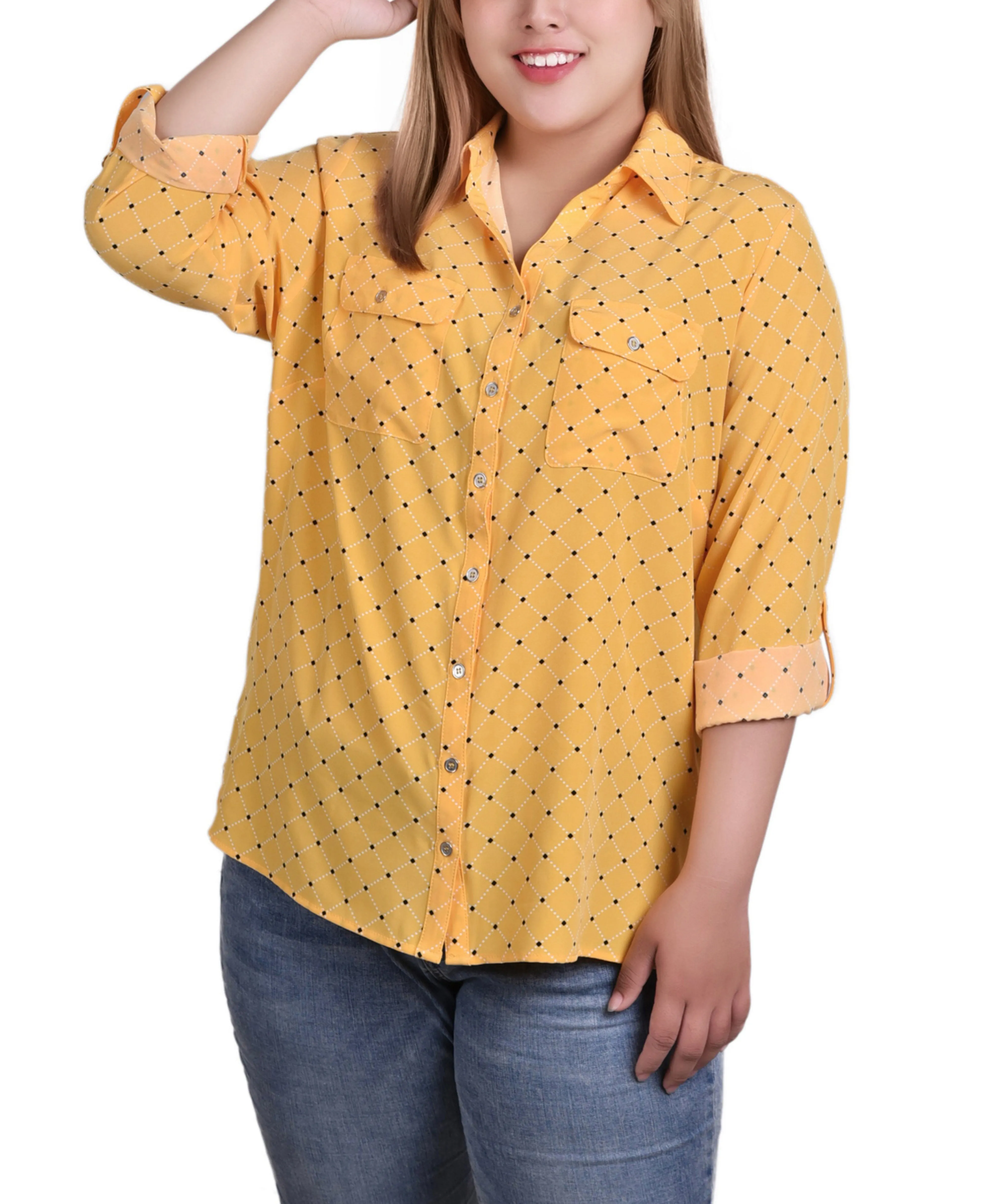 Blouse grande taille à col cassé avec manches 3/4 et ourlet roulé