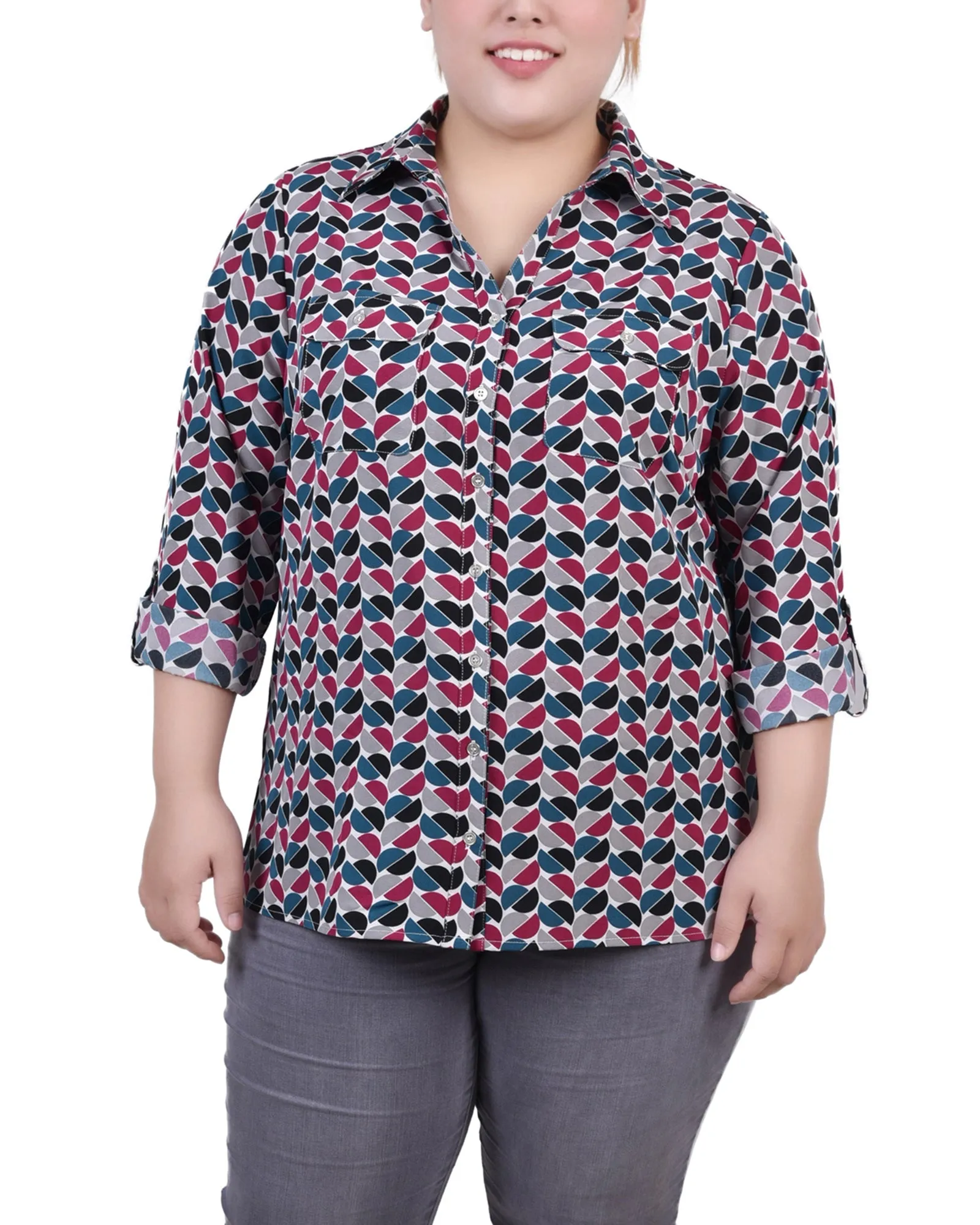 Blouse grande taille à col cassé avec manches 3/4 et ourlet roulé