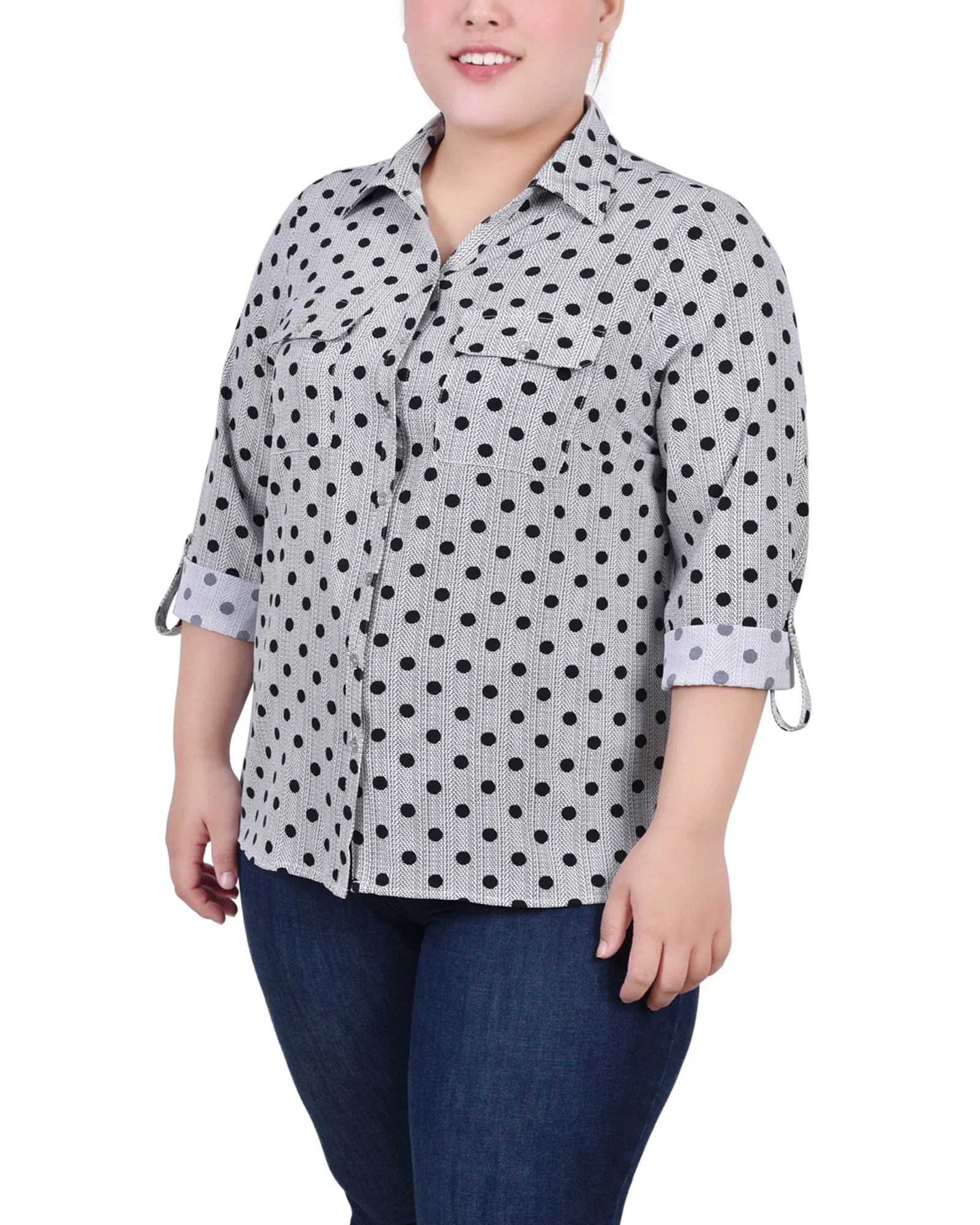 Blouse grande taille à col cassé avec manches 3/4 et ourlet roulé