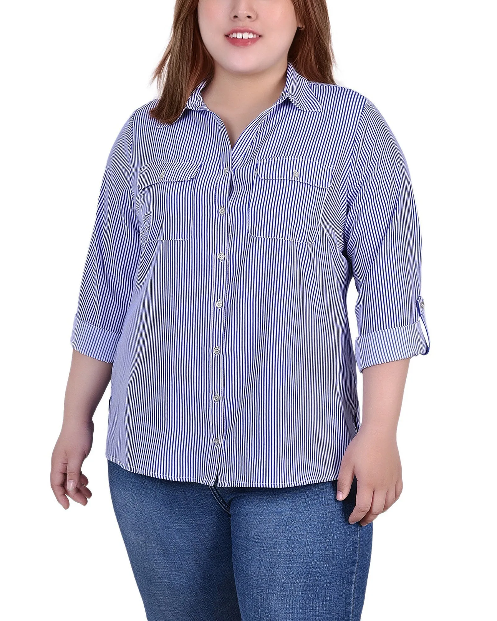 Blouse grande taille à col cassé avec manches 3/4 et ourlet roulé