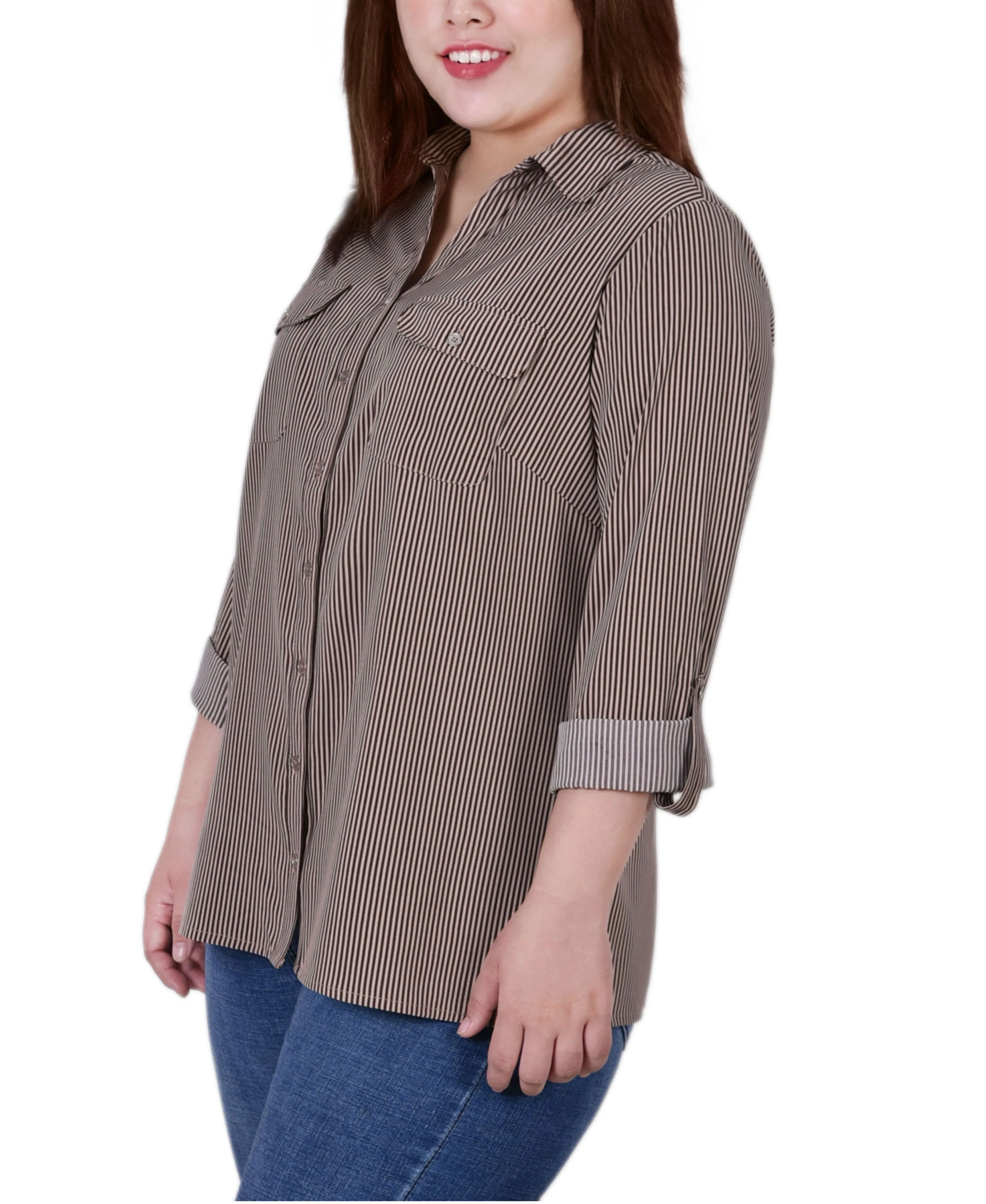Blouse grande taille à col cassé avec manches 3/4 et ourlet roulé