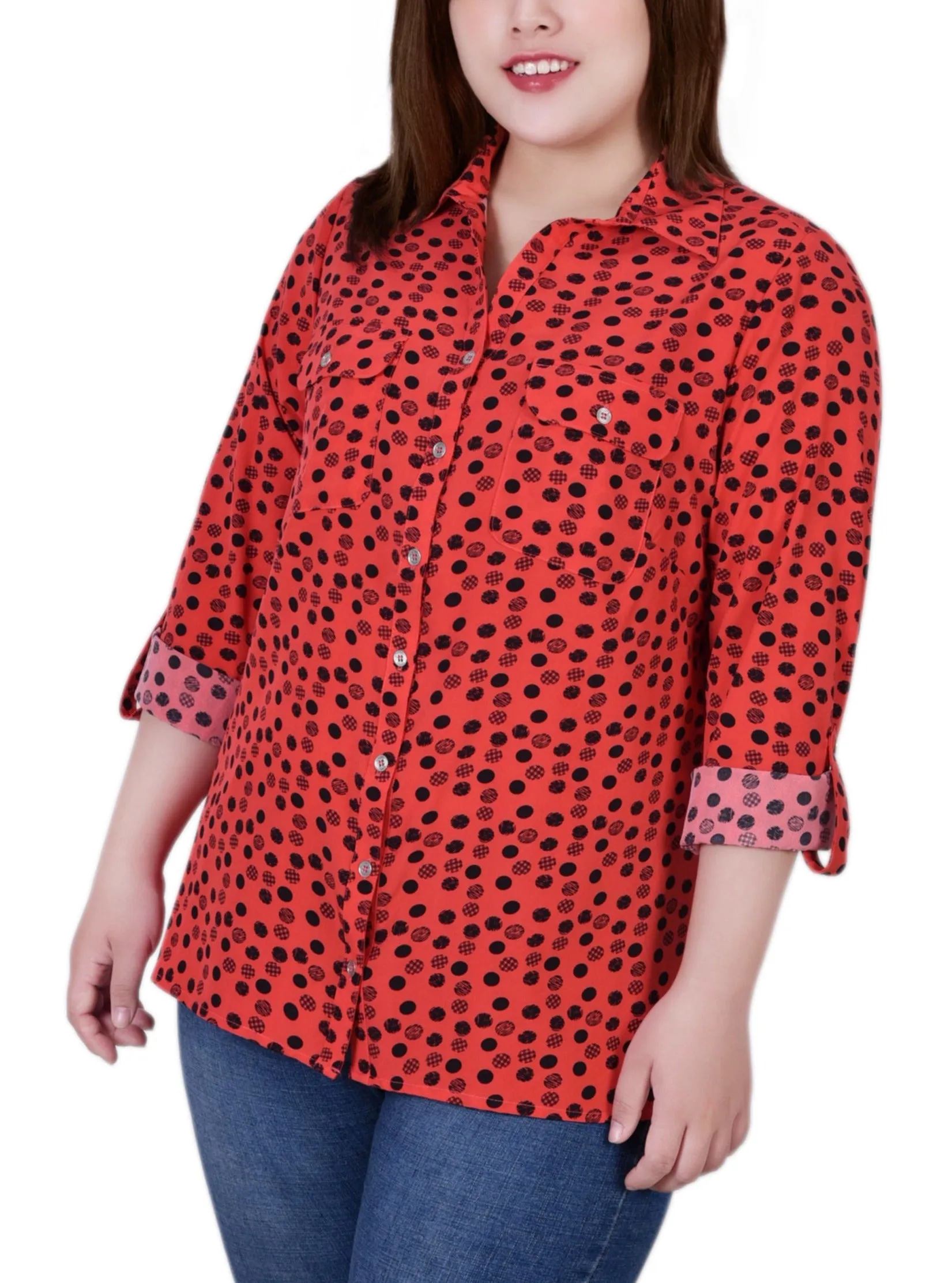 Blouse grande taille à col cassé avec manches 3/4 et ourlet roulé