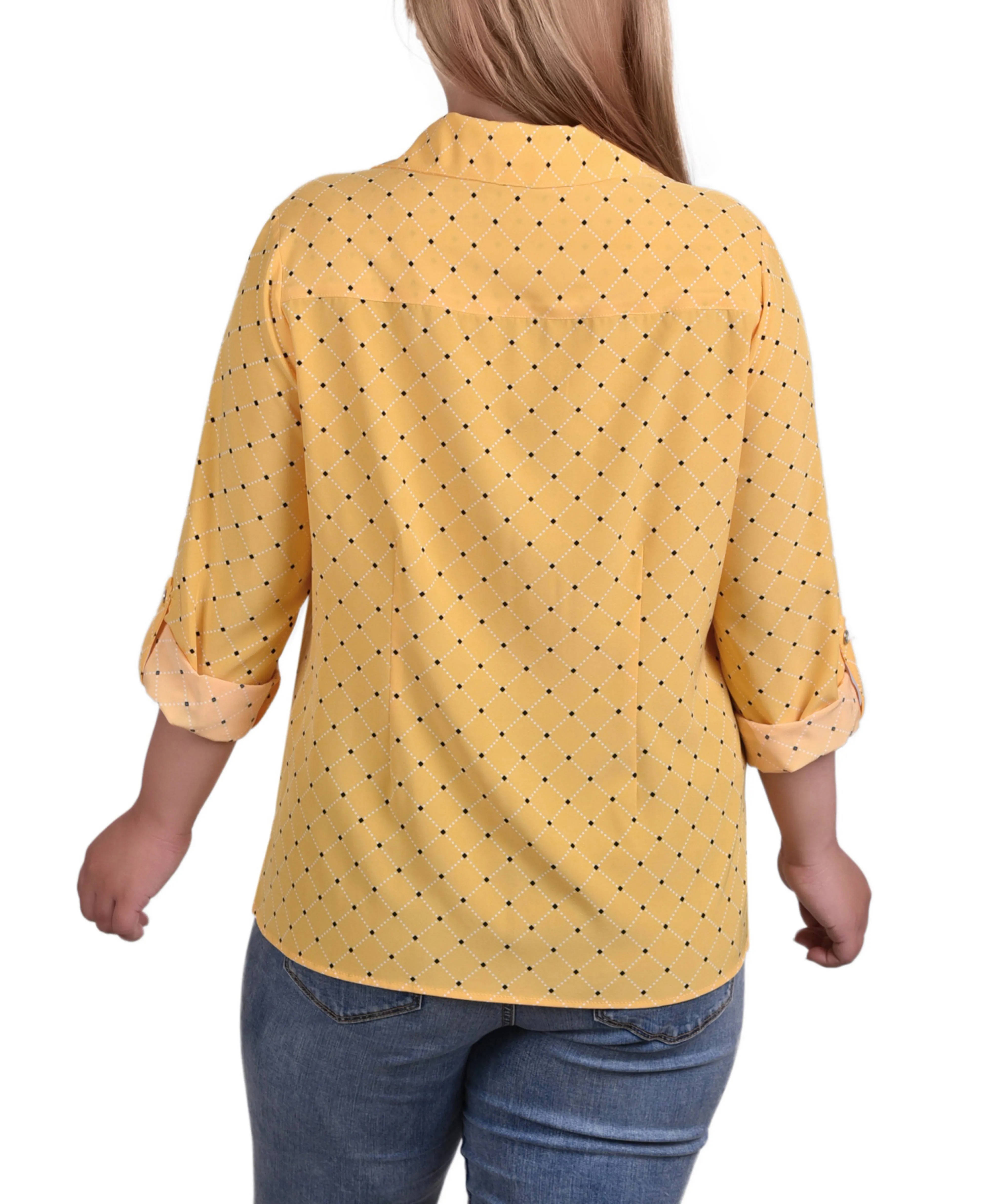 Blouse grande taille à col cassé avec manches 3/4 et ourlet roulé