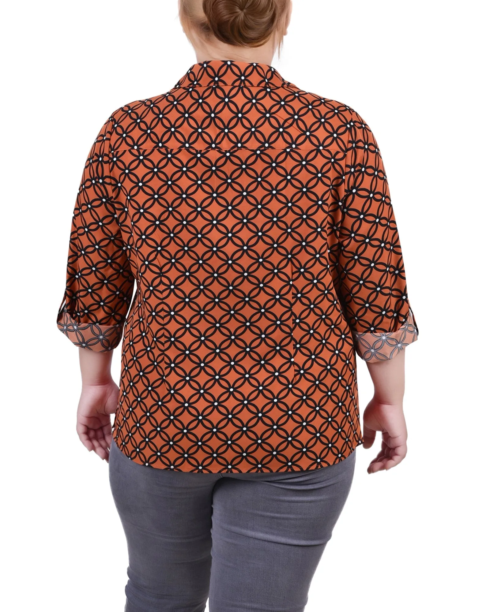 Blouse grande taille à col cassé avec manches 3/4 et ourlet roulé