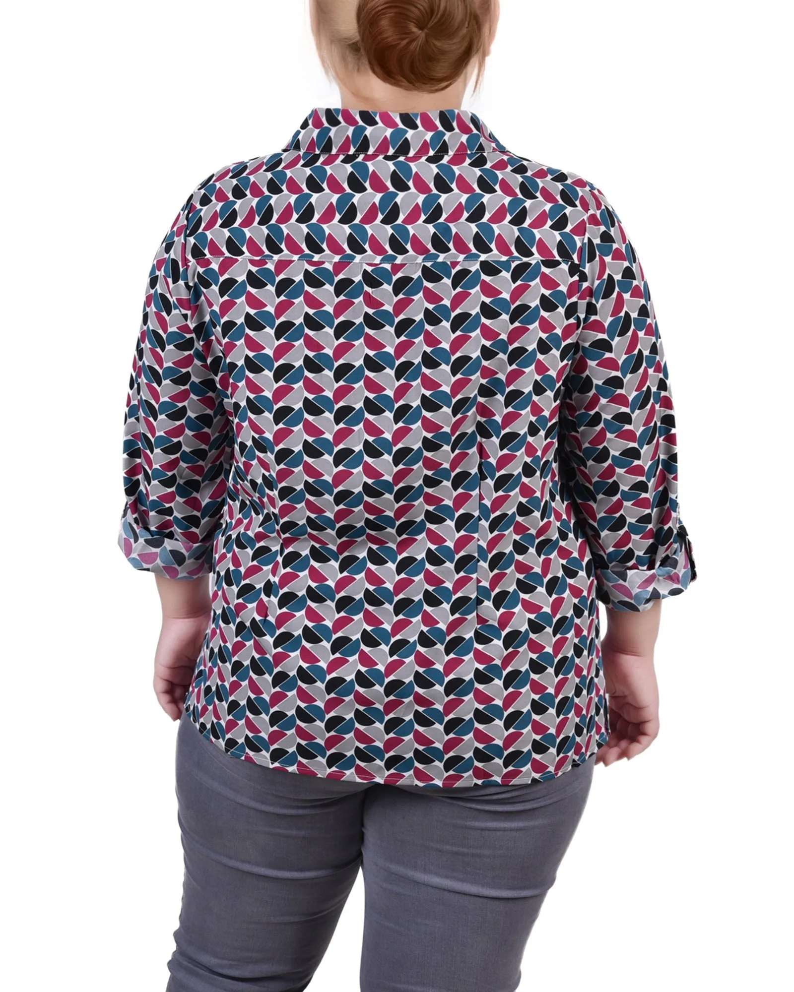 Blouse grande taille à col cassé avec manches 3/4 et ourlet roulé