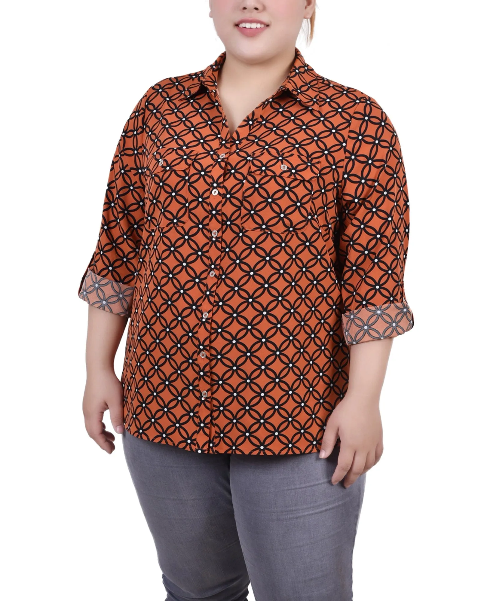 Blouse grande taille à col cassé avec manches 3/4 et ourlet roulé