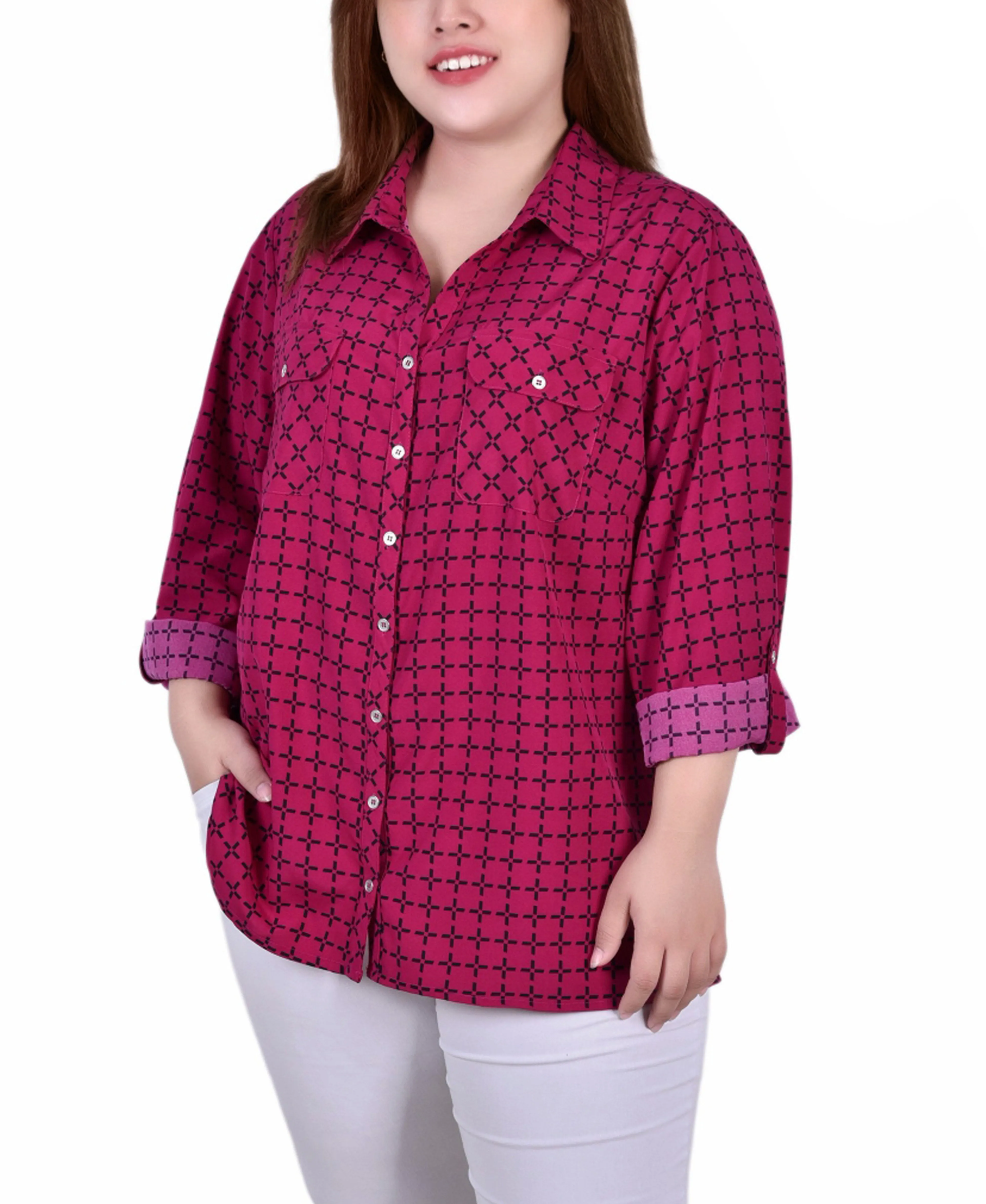 Blouse grande taille à col cassé avec manches 3/4 et ourlet roulé
