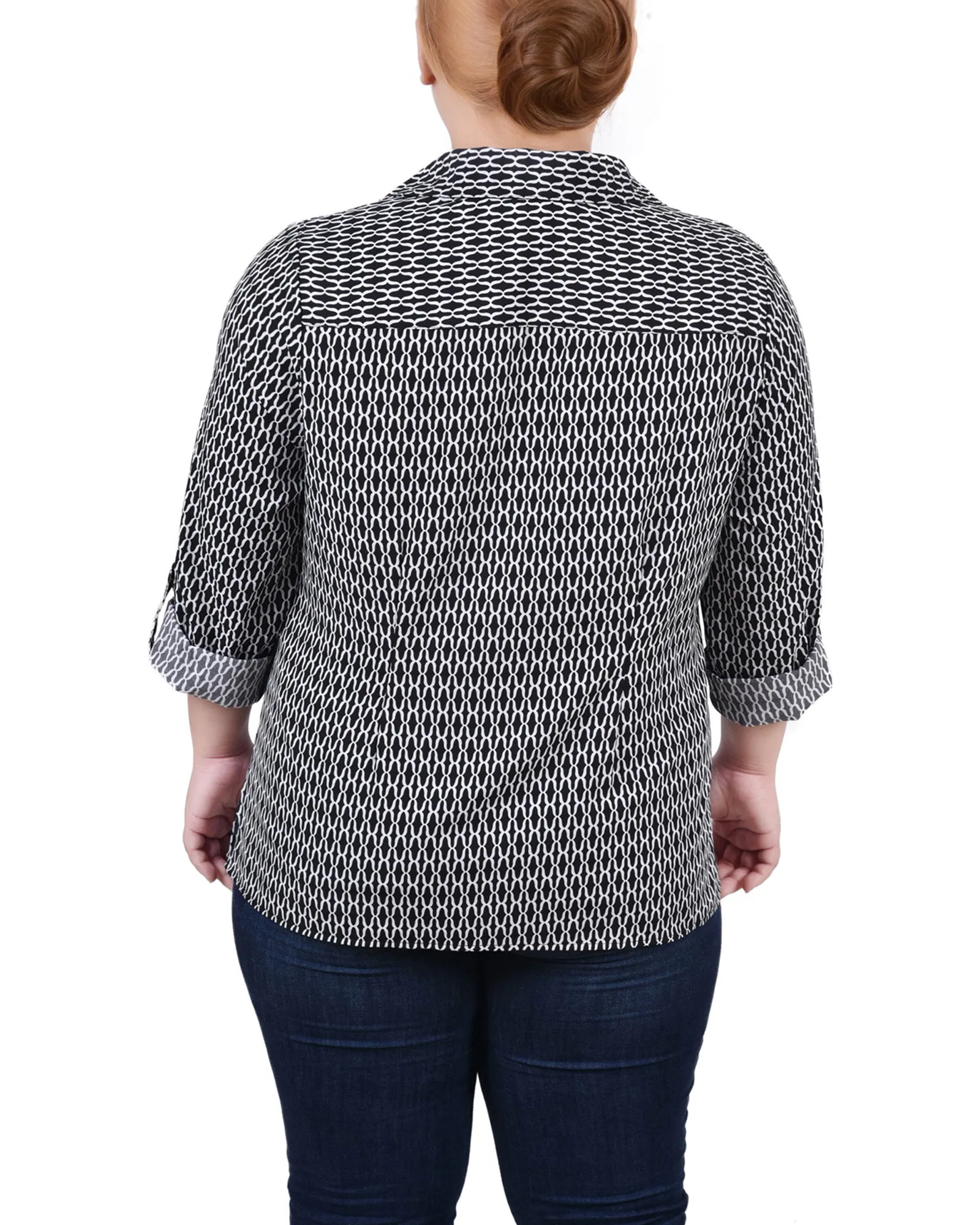 Blouse grande taille à col cassé avec manches 3/4 et ourlet roulé